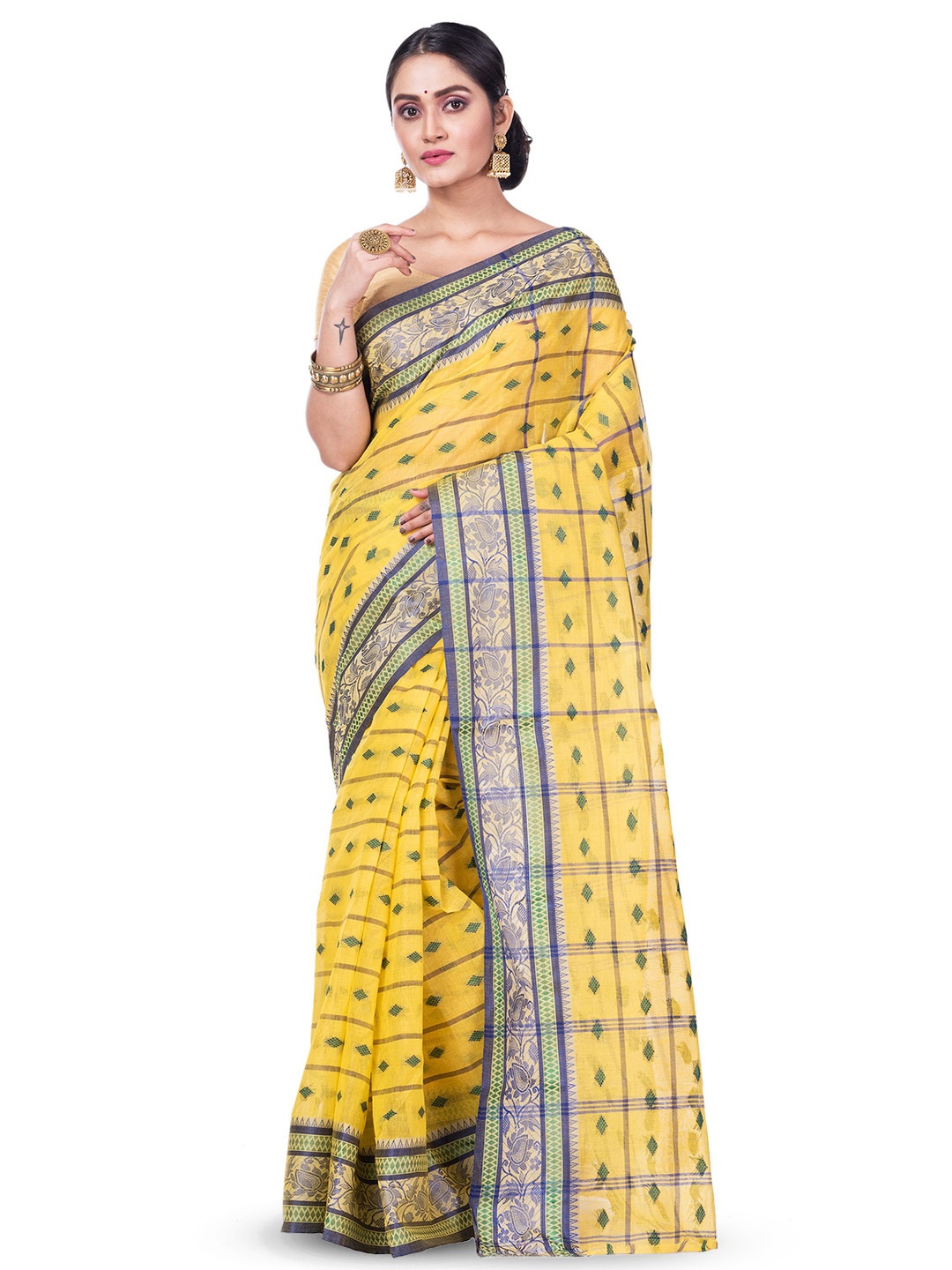 

PuJoy Woven Design Pure Cotton Taant Saree, Yellow