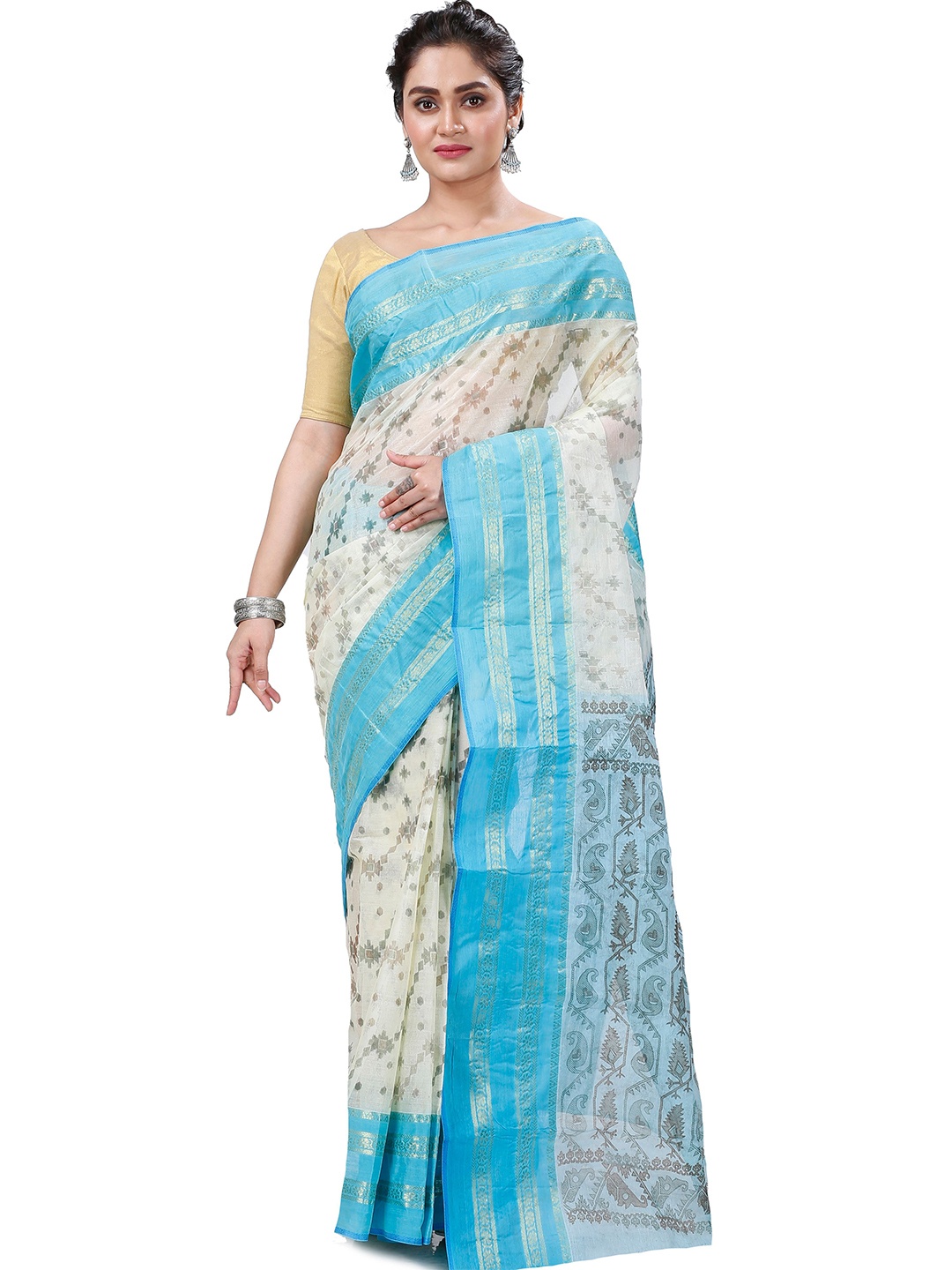 

PuJoy Woven Design Zari Pure Cotton Taant Saree, Blue