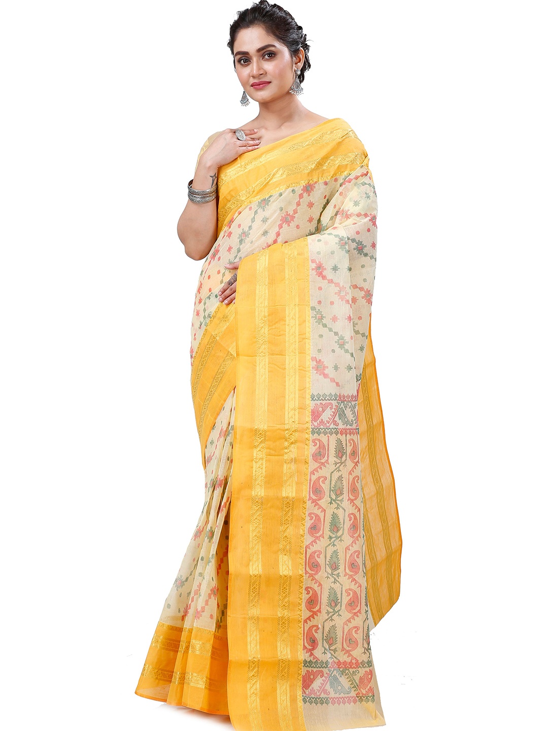 

PuJoy Ethnic Print Zari Pure Cotton Taant Saree, Yellow