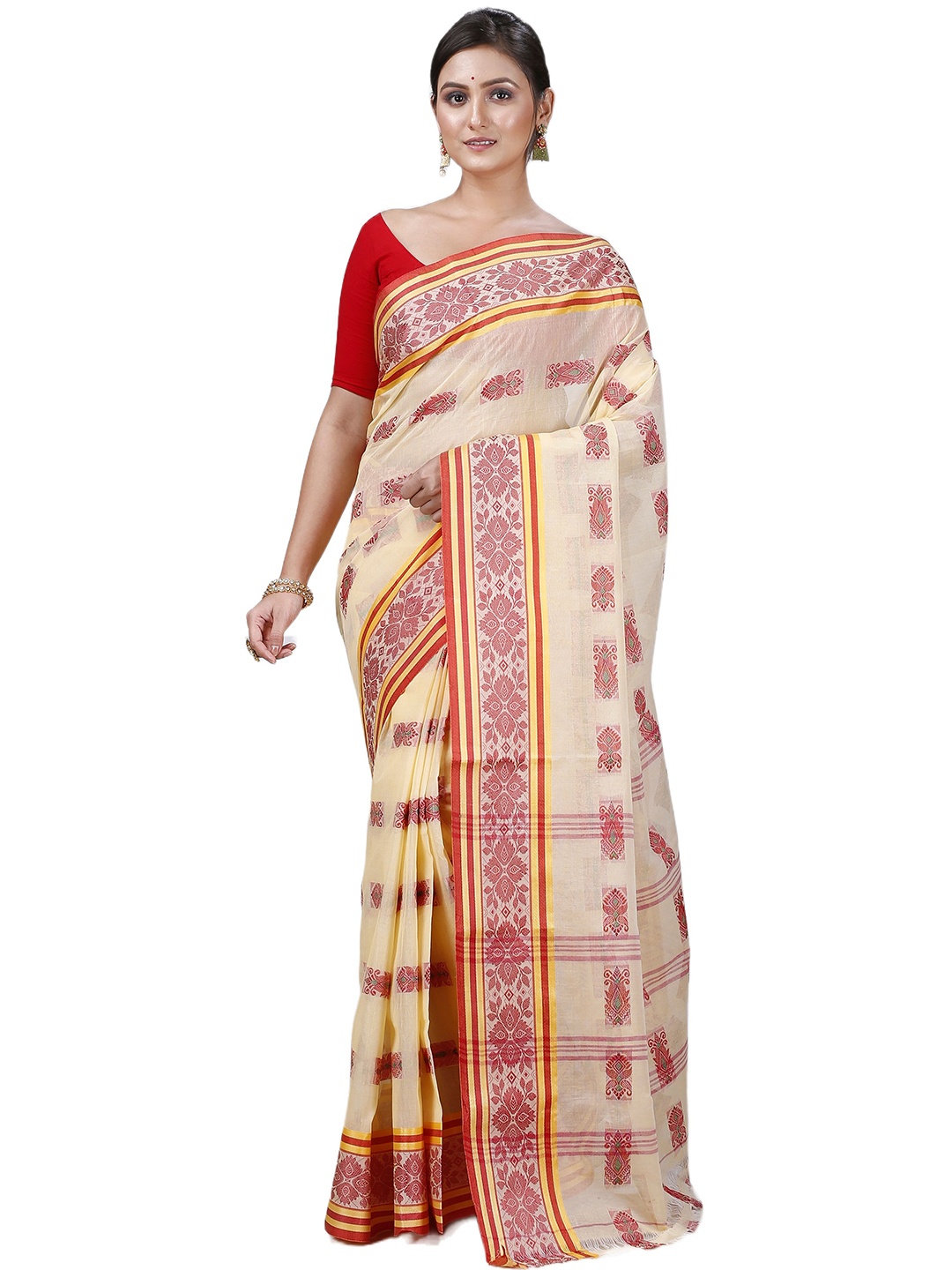 

PuJoy Woven Design Pure Cotton Taant Saree, Off white