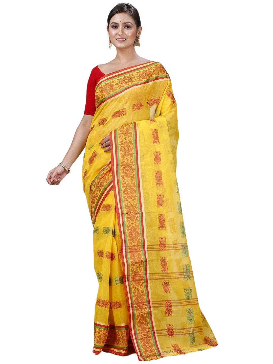 

PuJoy Woven Design Pure Cotton Taant Saree, Yellow
