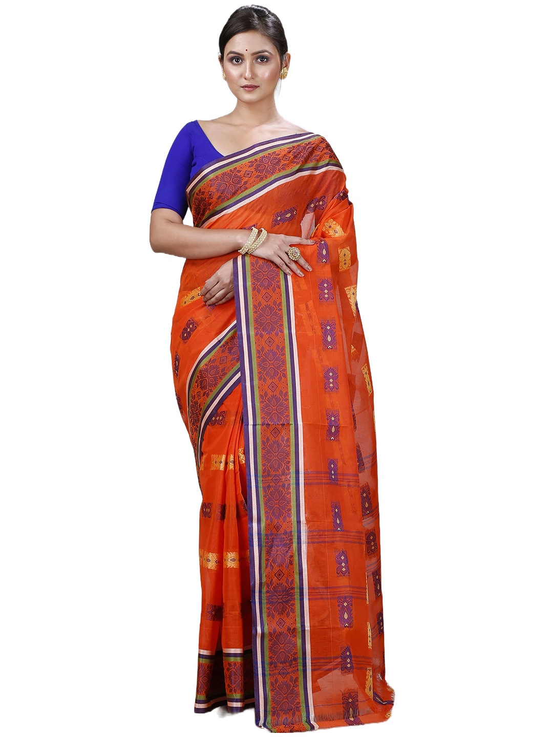 

PuJoy Woven Design Ethnic Motifs Pure Cotton Taant Saree, Orange