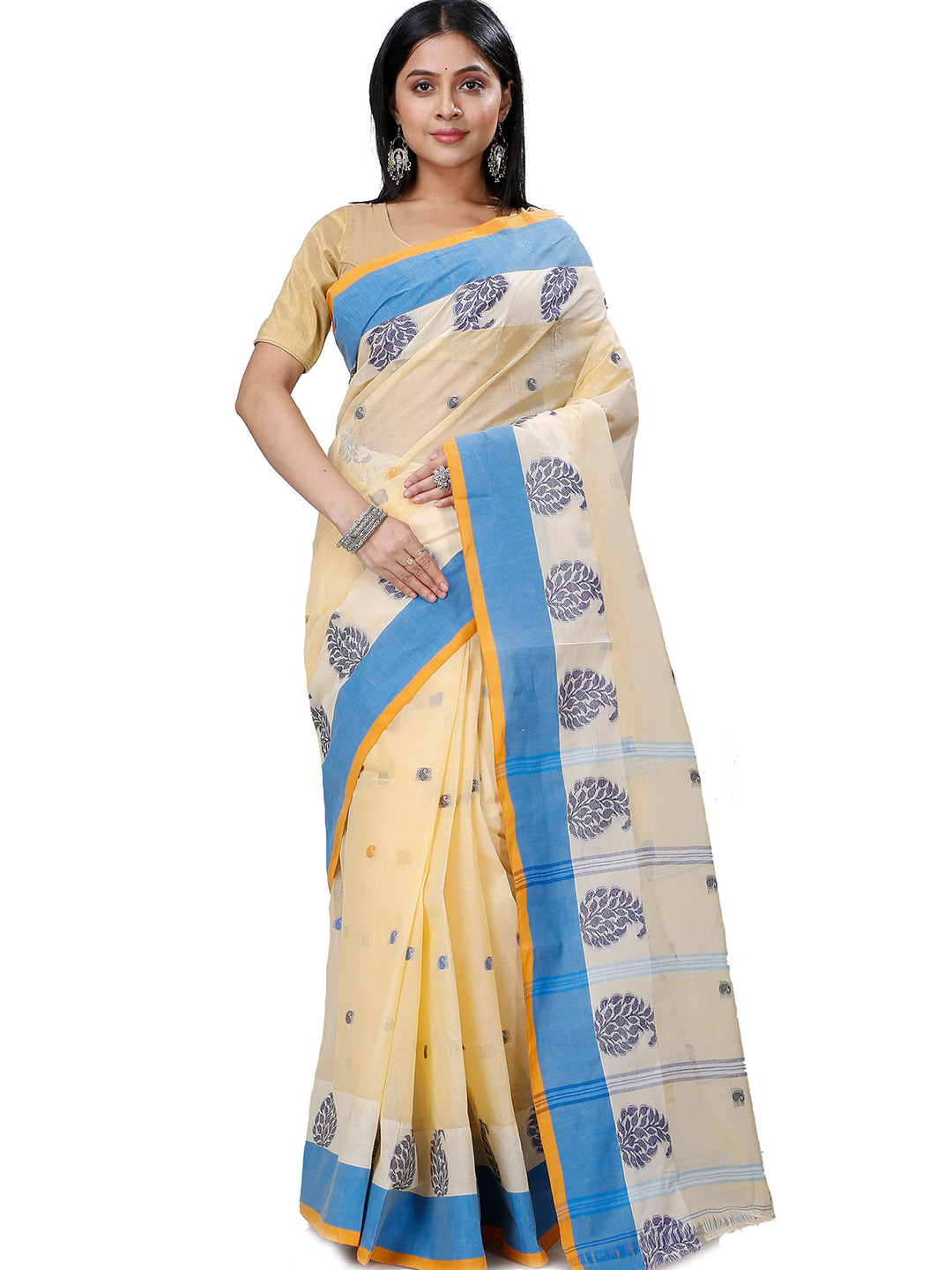

PuJoy Woven Design Pure Cotton Taant Saree, Cream