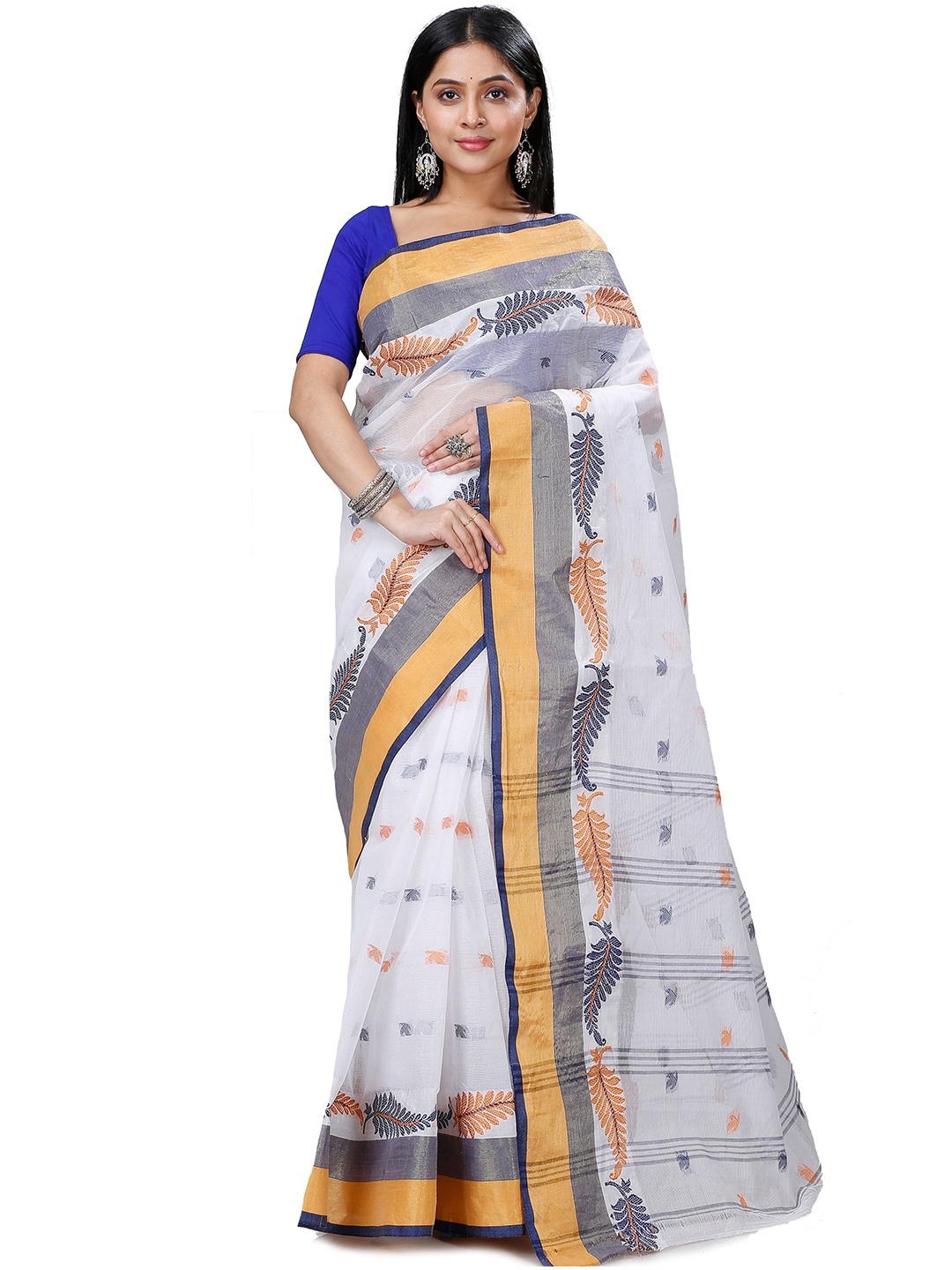 

PuJoy Woven Design Pure Cotton Taant Saree, White