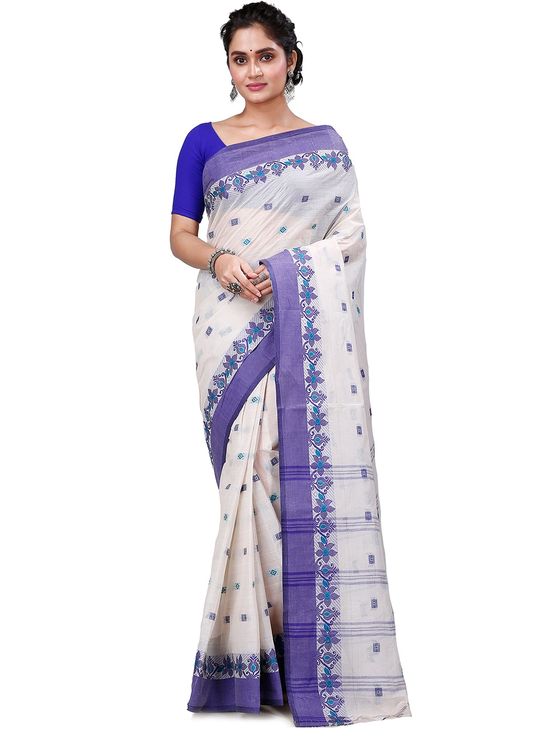 

PuJoy Woven Design Pure Cotton Taant Saree, White