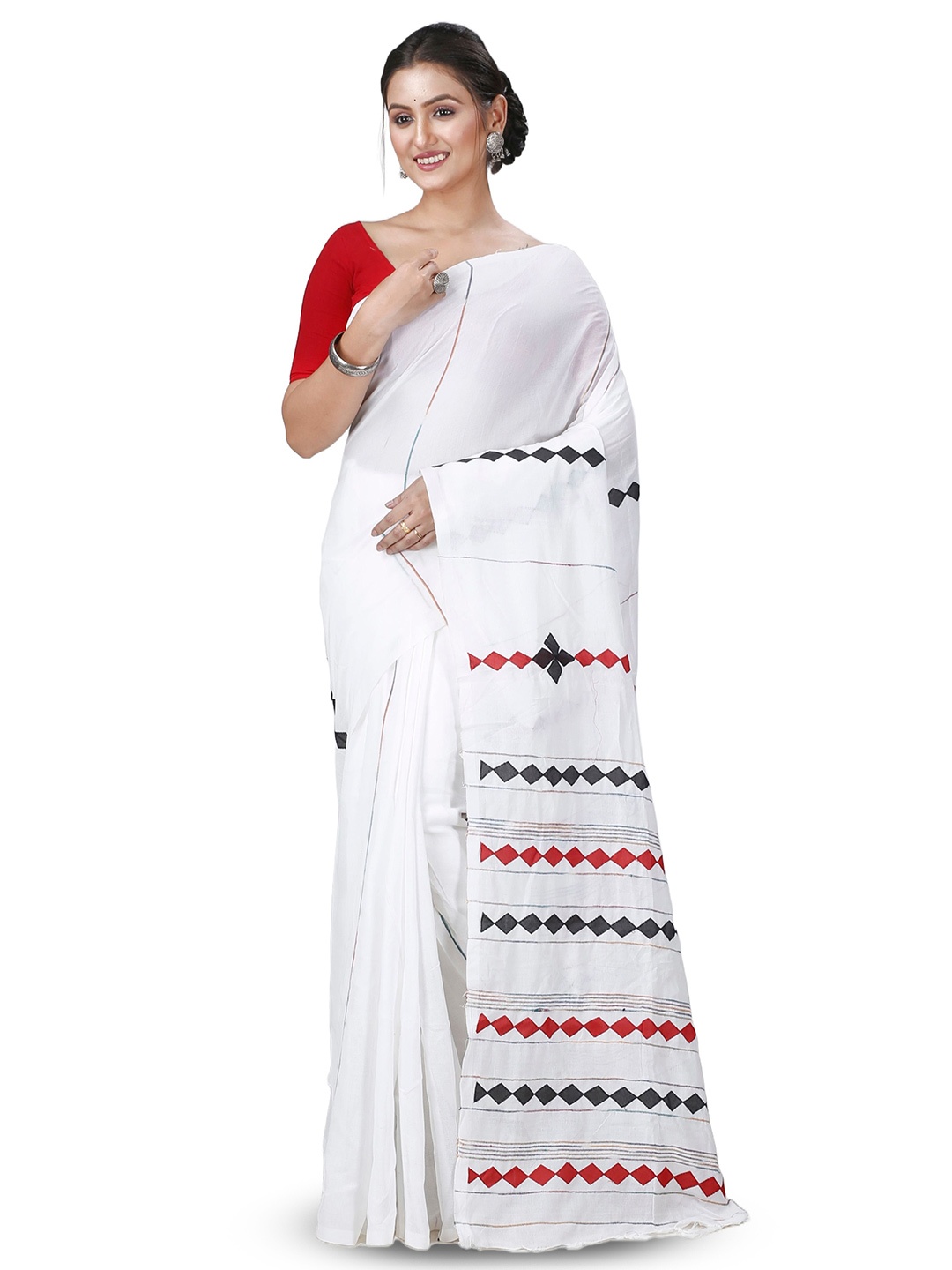 

PuJoy Pure Cotton Geometric Print Taant Saree, White