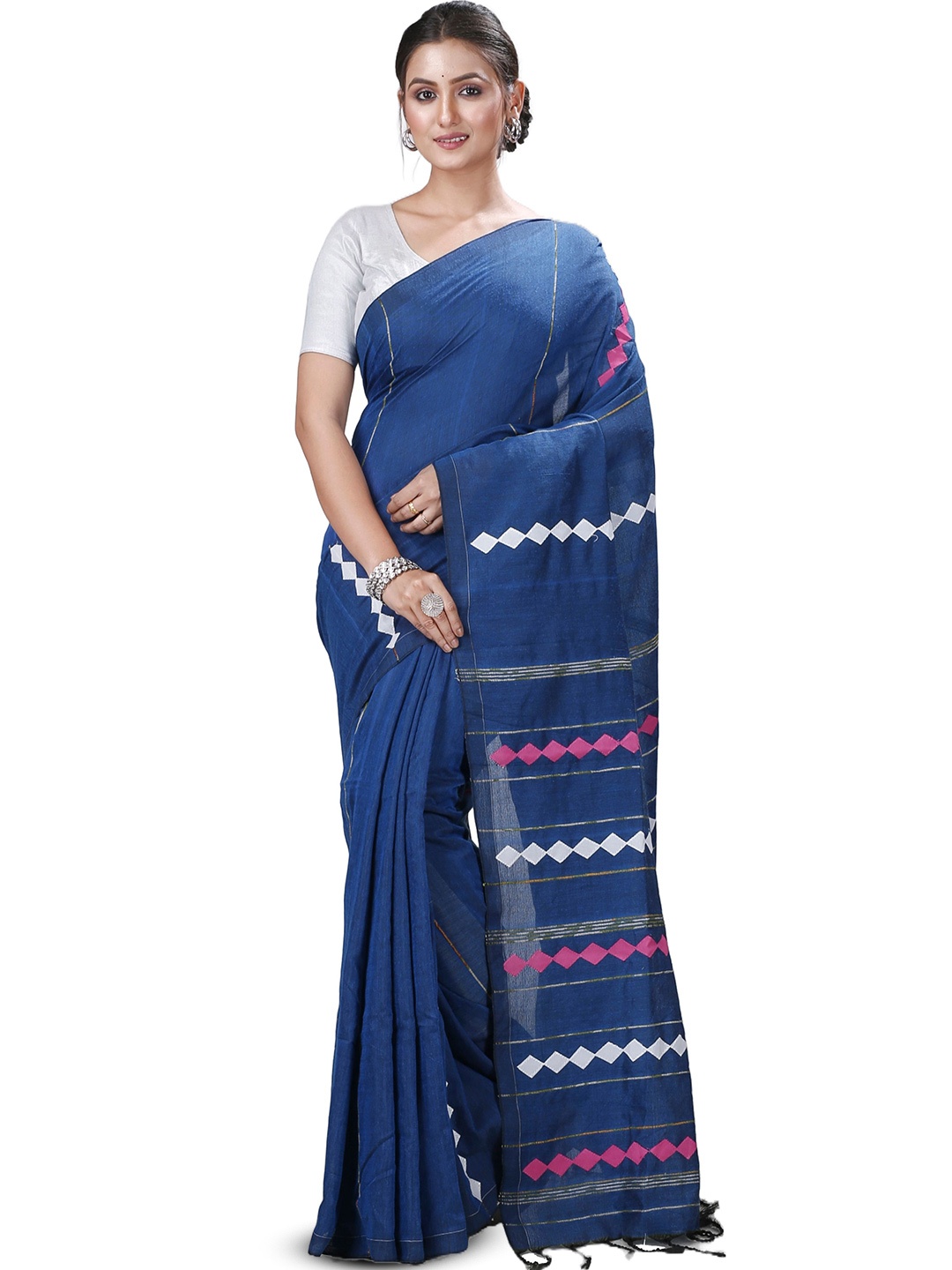 

PuJoy Woven Design Pure Cotton Taant Saree with Tassels, Blue