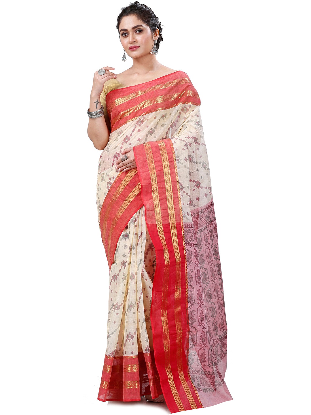 

PuJoy Woven Design Zari Pure Cotton Taant Saree, Red