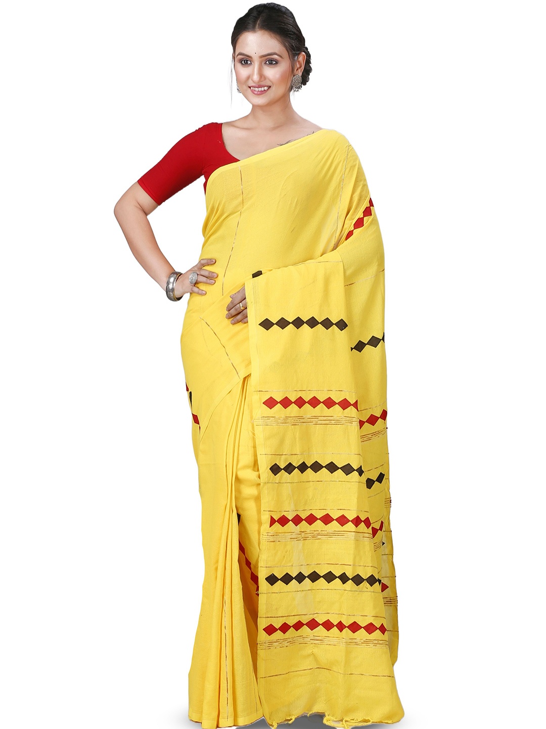 

PuJoy Woven Design Pure Cotton Taant Saree with Blouse, Yellow