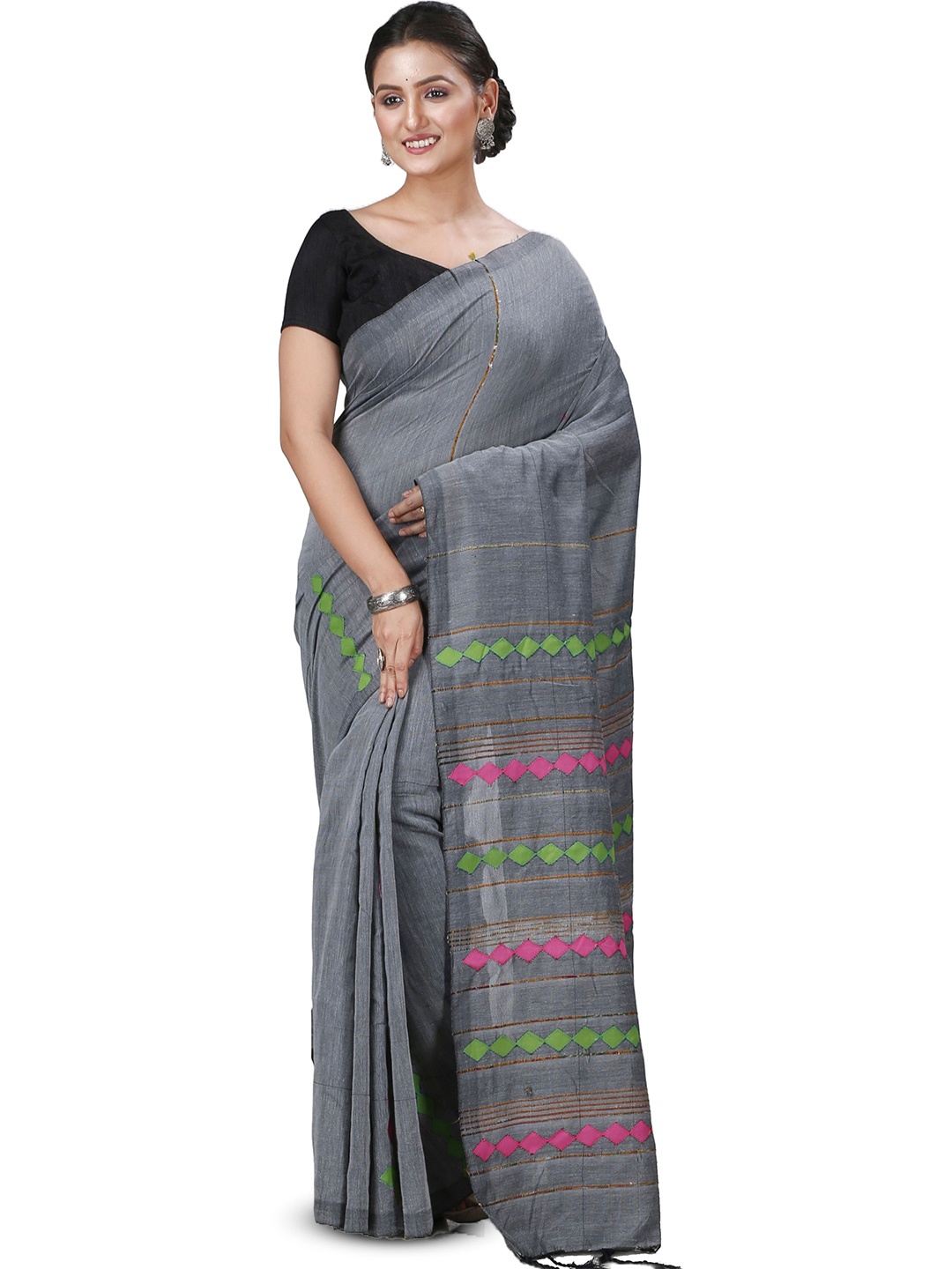 

PuJoy Woven Design Pure Cotton Taant Saree with Blouse, Grey