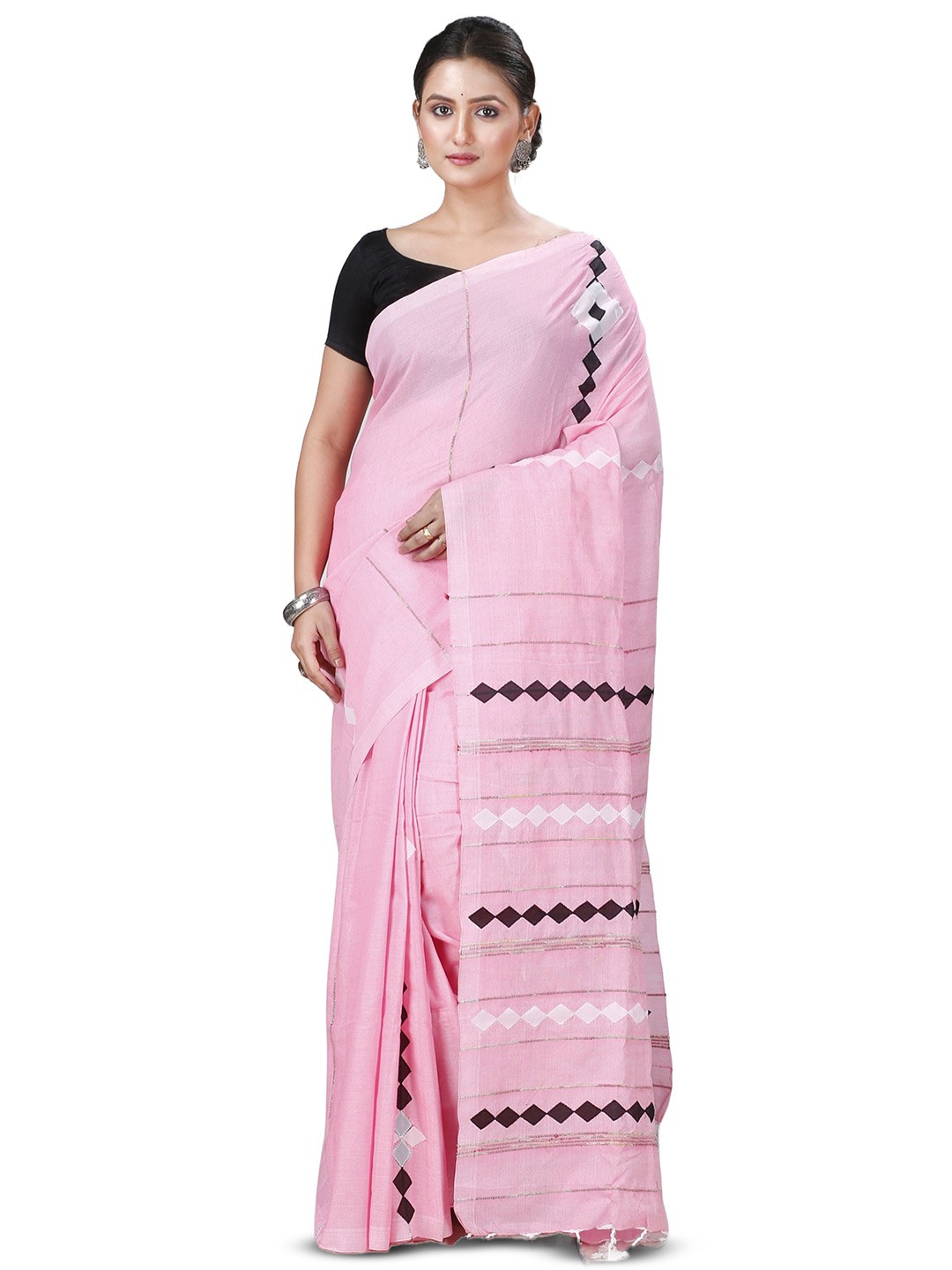 

PuJoy Woven Design Pure Cotton Taant Saree with Tassels, Pink