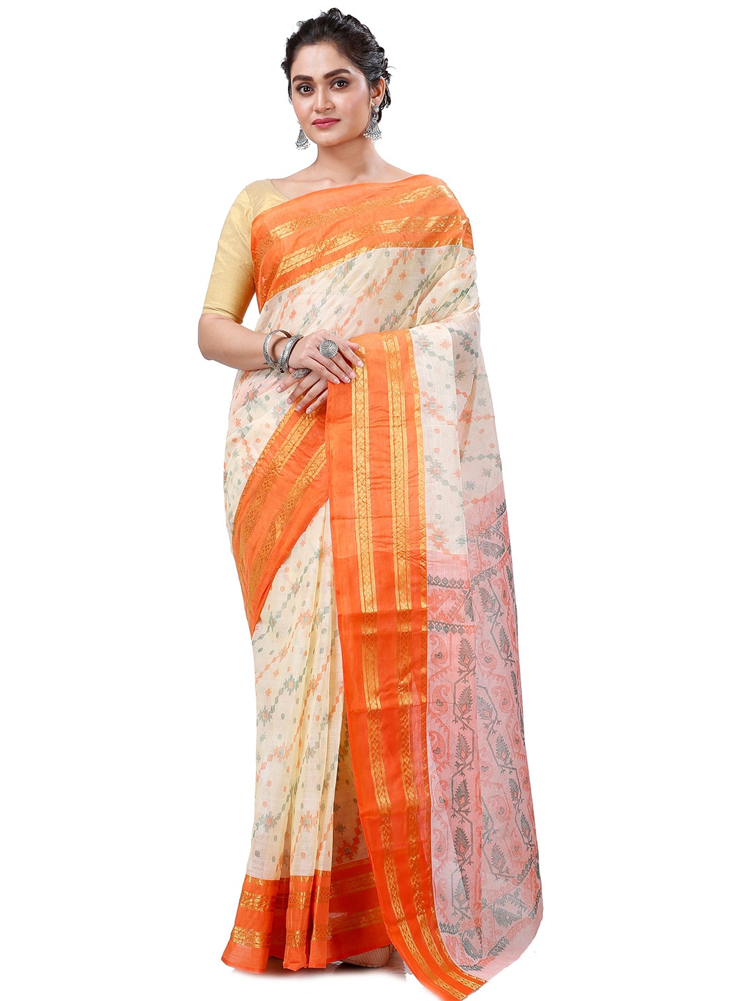 

PuJoy Ethnic Print Zari Pure Cotton Taant Saree, Orange