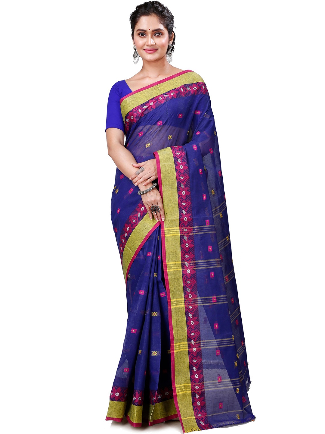 

PuJoy Woven Design Zari Pure Cotton Taant Saree, Navy blue