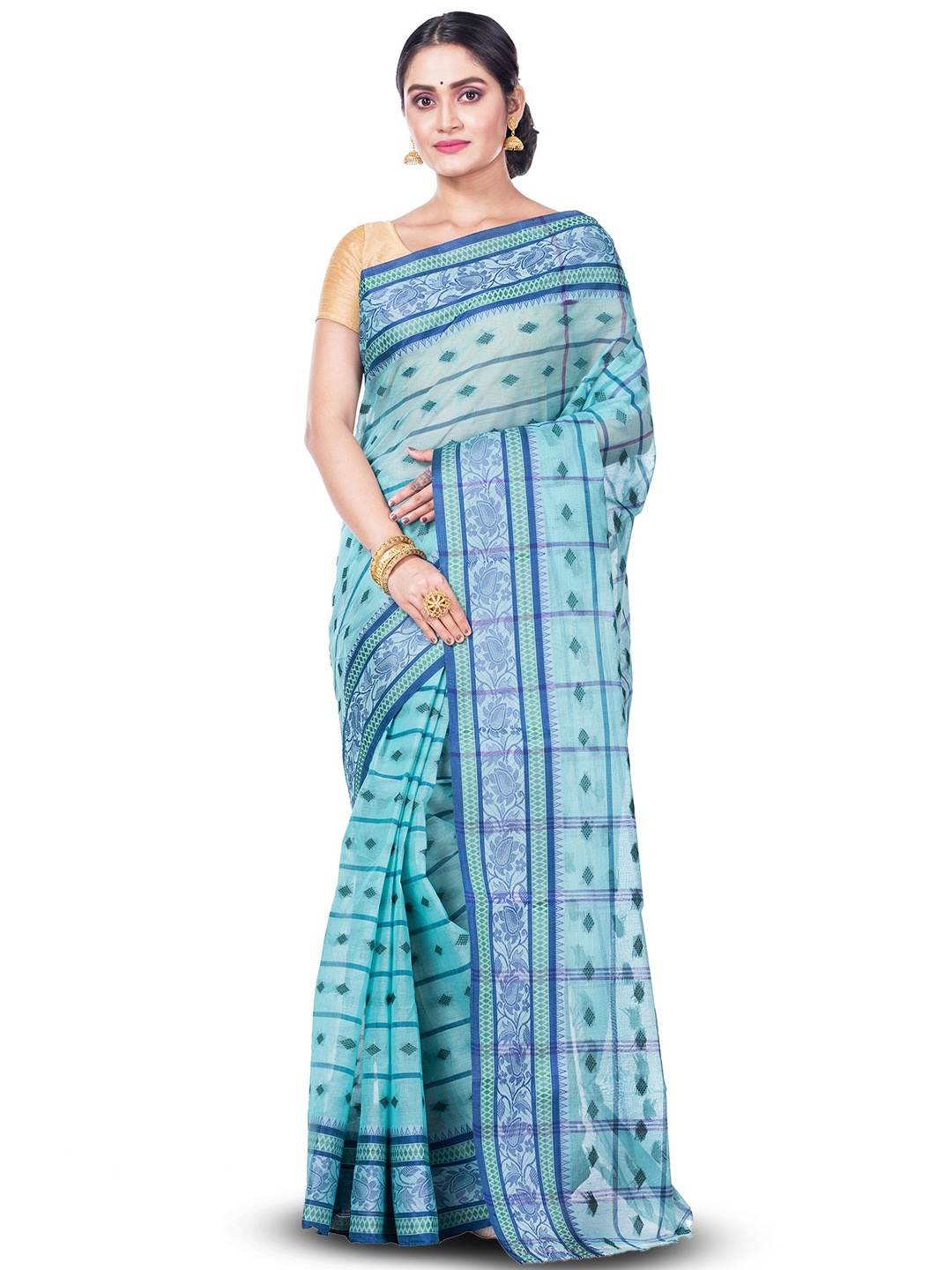 

PuJoy Woven Design Pure Cotton Taant Saree, Blue
