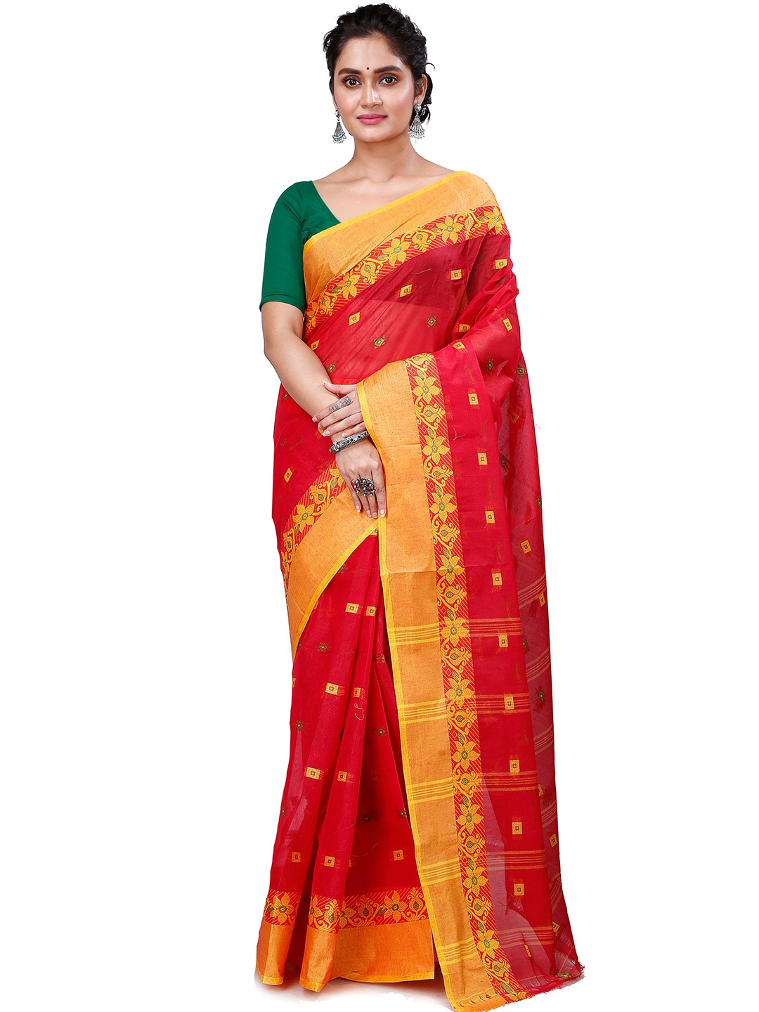 

PuJoy Woven Design Zari Pure Cotton Taant Saree, Red