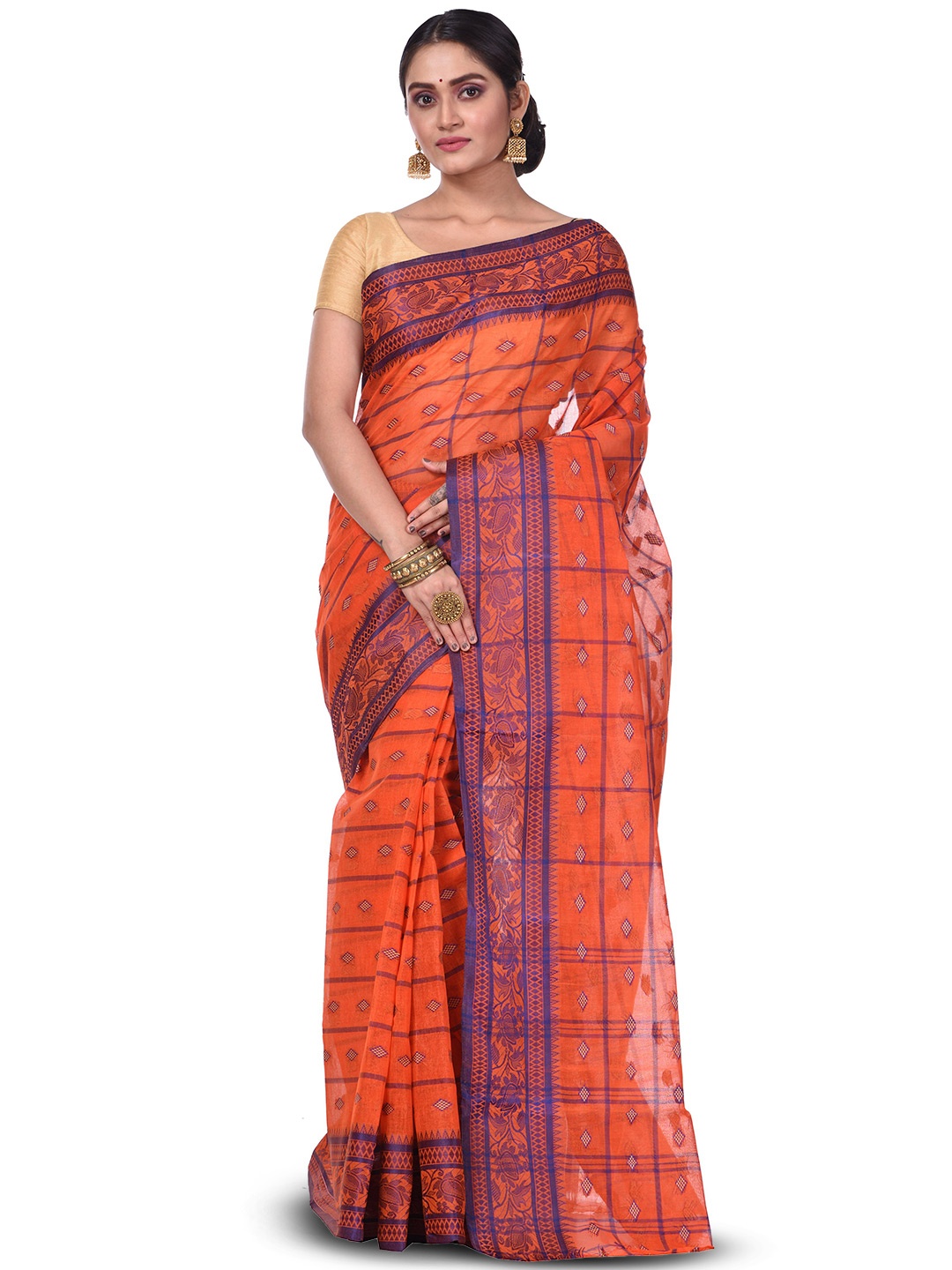 

PuJoy Woven Design Pure Cotton Checked Taant Saree, Orange