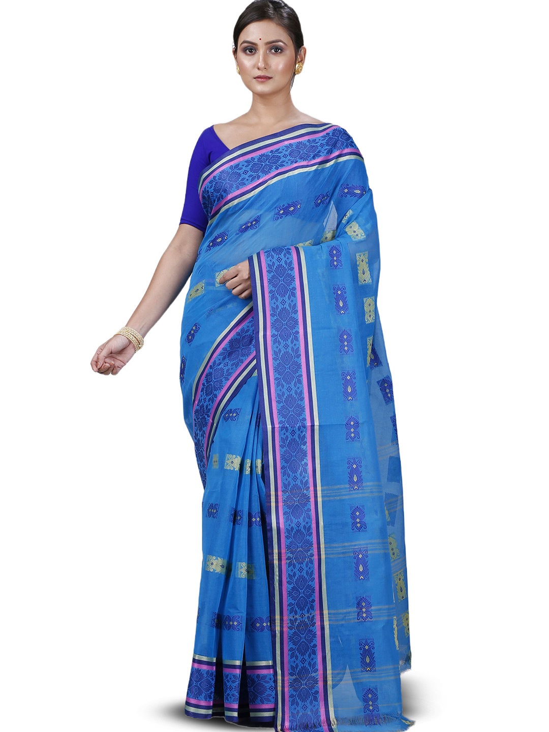 

PuJoy Woven Design Pure Cotton Taant Saree, Blue