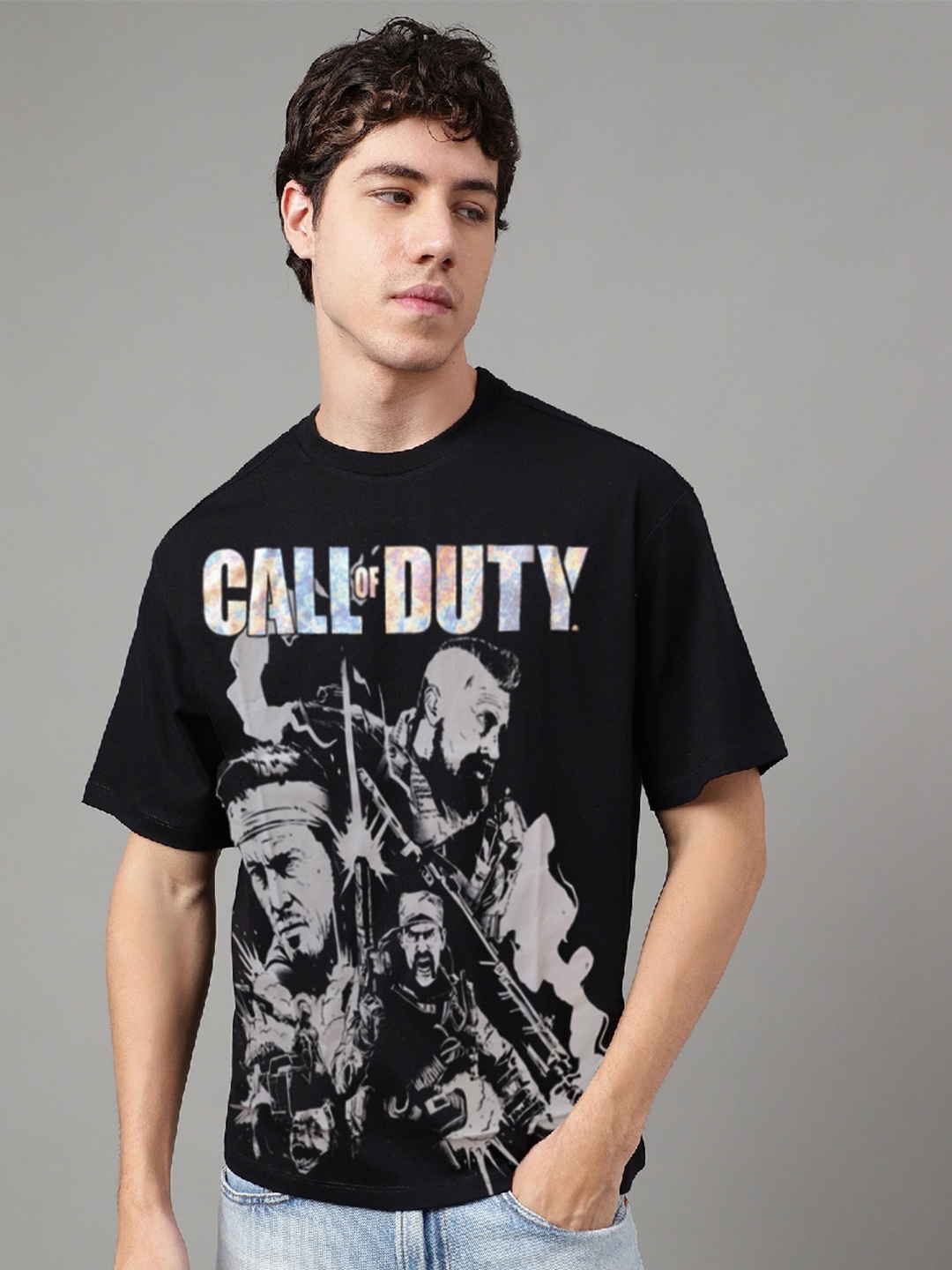 

Free Authority Call Of Duty Typography Printed Loose Fit Pure-Cotton T-Shirt, Black