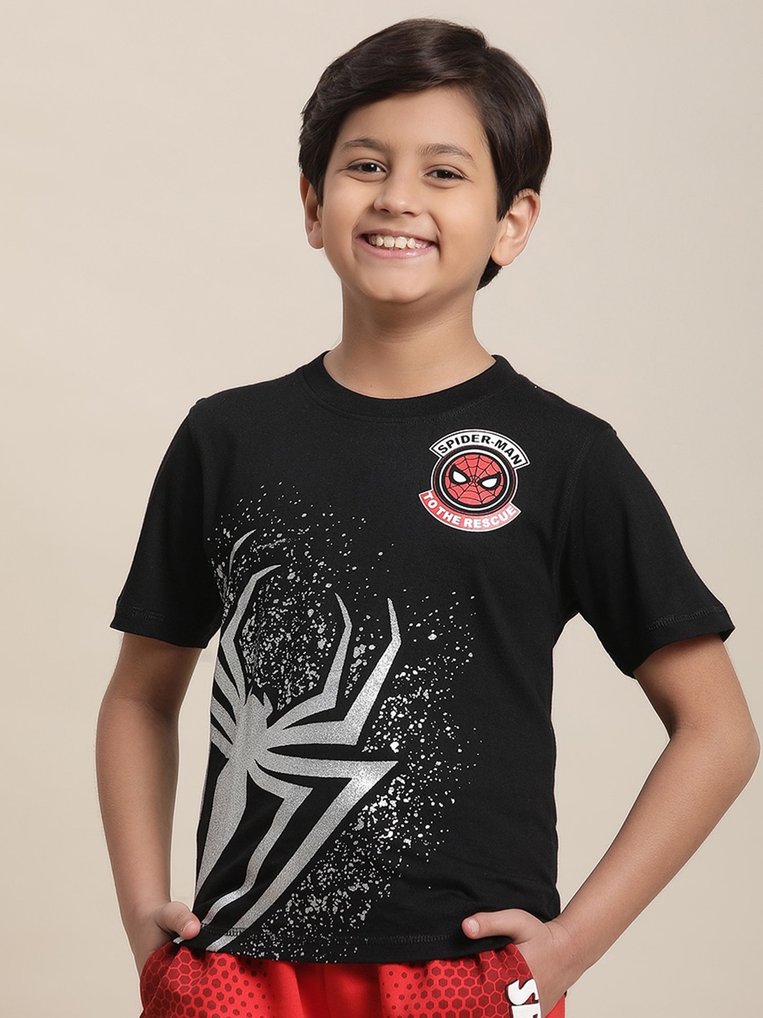 

Kids Ville Round Neck Short Sleeves Spiderman Printed Pure Cotton T-Shirt, Black
