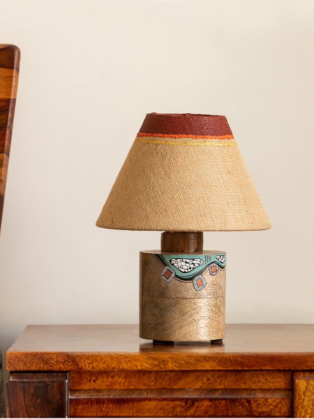

ExclusiveLane Brown and Beige Wooden Hand Painted Frusturical Shaped Table Lamp