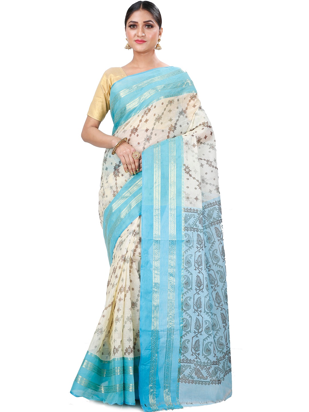

DipDiya Ethnic Motifs Woven Design Zari Pure Cotton Taant Saree, Blue