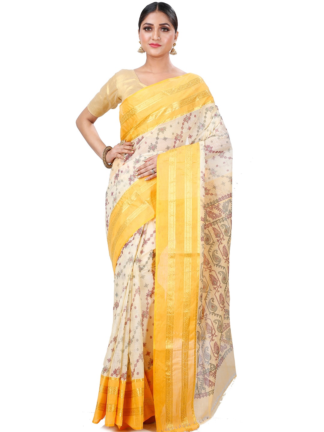 

DipDiya Ethnic Motifs Woven Design Zari Pure Cotton Taant Saree, Yellow