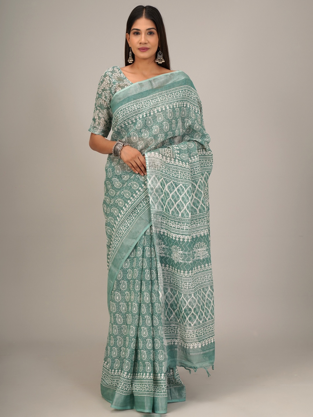 

JALTHER Ethnic Motifs Printed Block Print Saree, Green