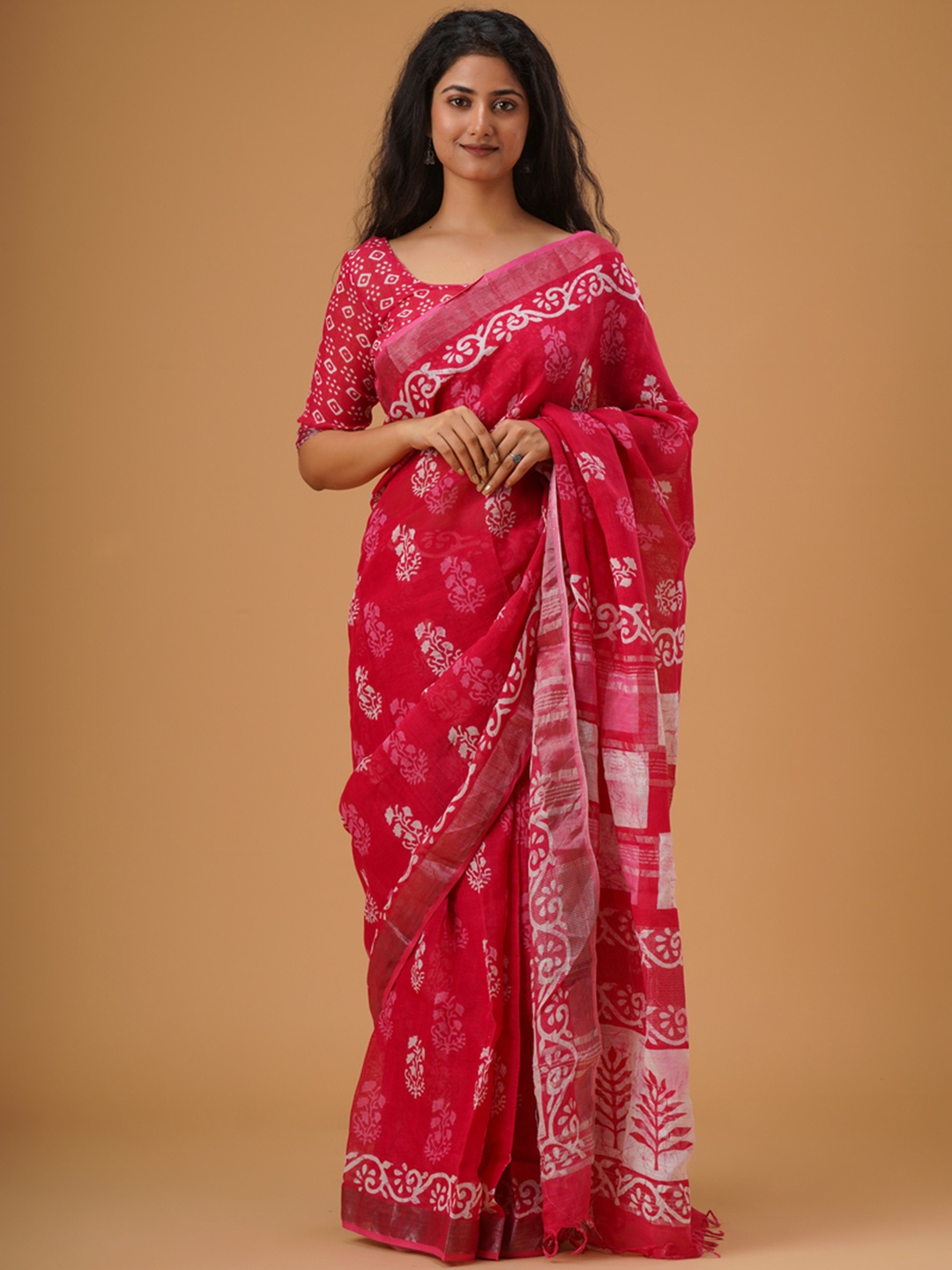 

JALTHER Floral Block Printed Zari Cotton Linen Saree, Pink