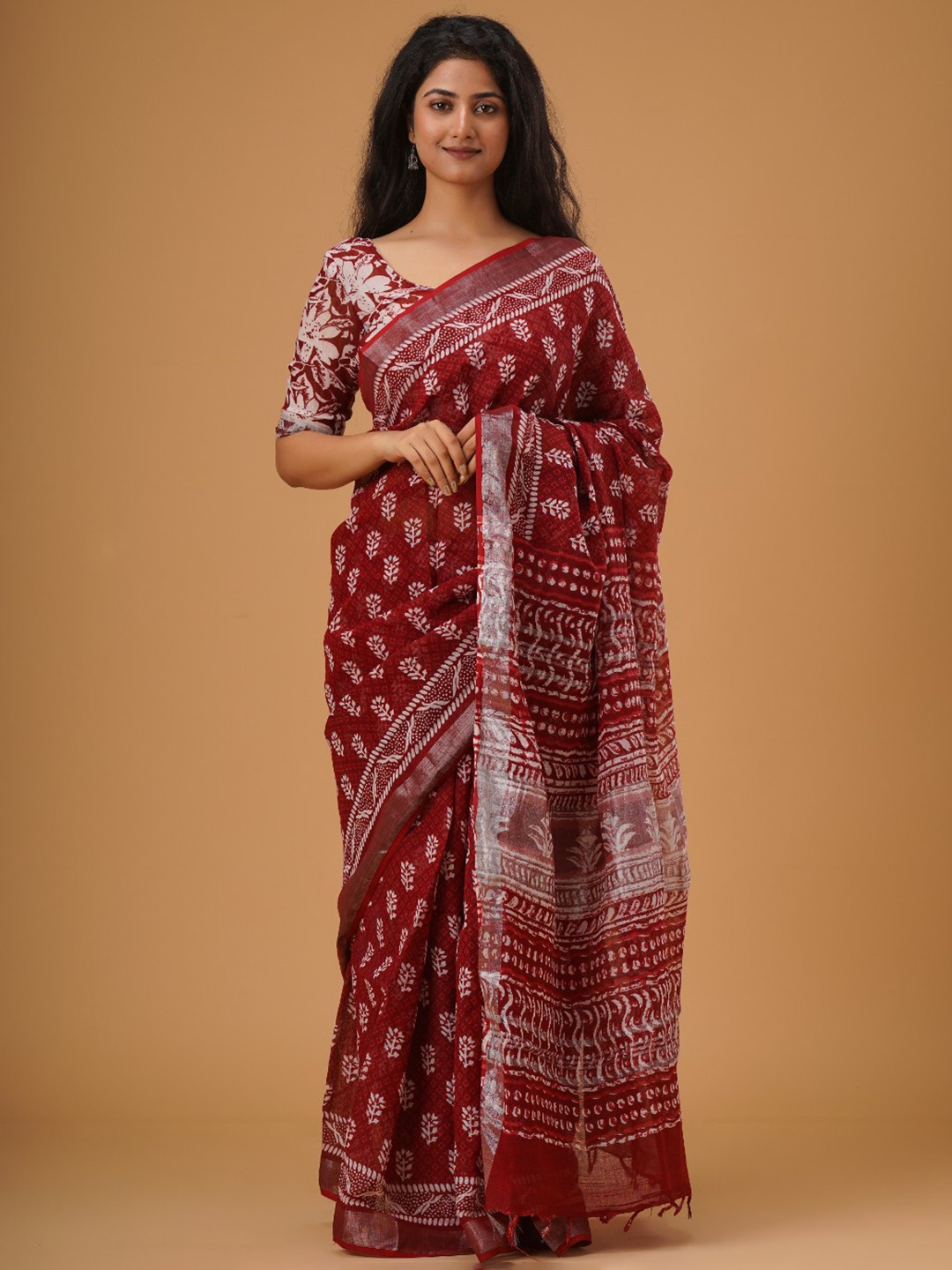 

JALTHER Ethnic Motifs Block Printed Zari Cotton Linen Saree, Maroon