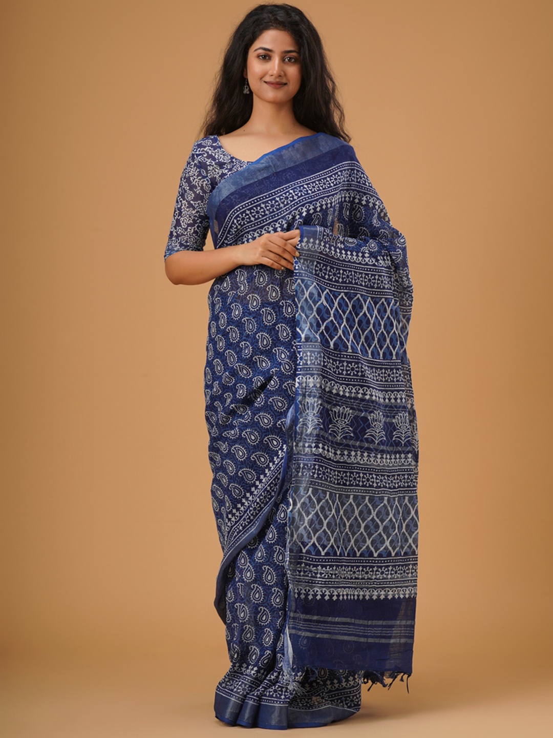 

JALTHER Ethnic Motifs Block Printed Zari Cotton Linen Saree, Blue