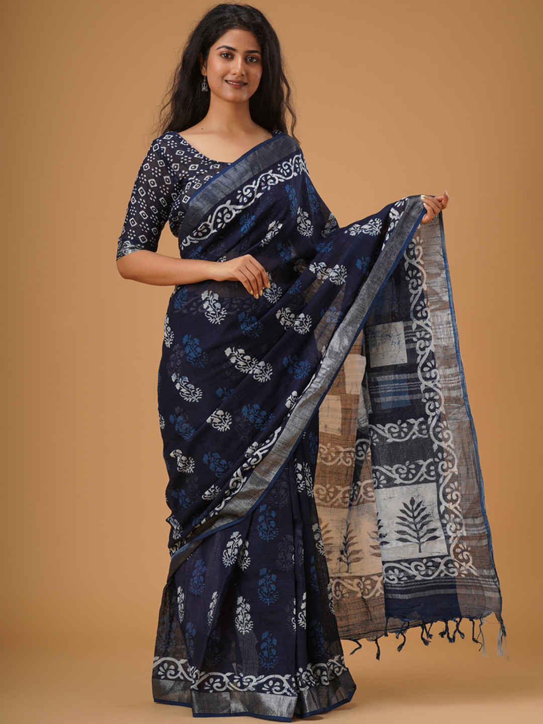 

JALTHER Ethnic Motifs Block Printed Zari Cotton Linen Saree, Blue