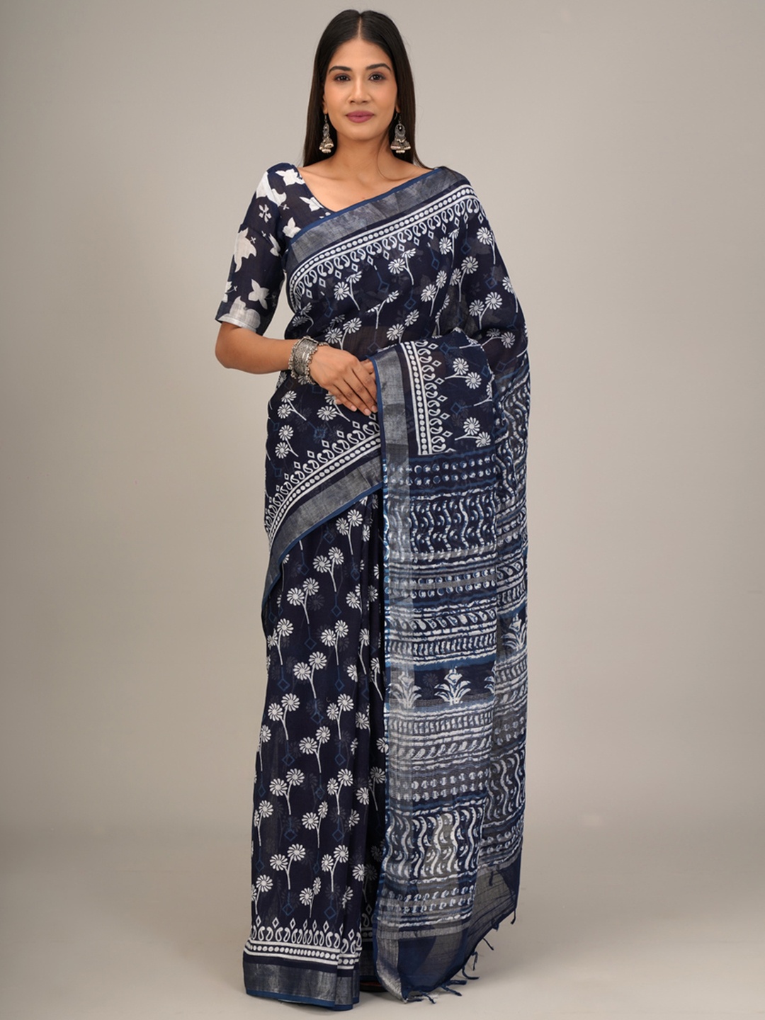 

JALTHER Ethnic Motifs Block Printed Zari Cotton Linen Saree, Blue