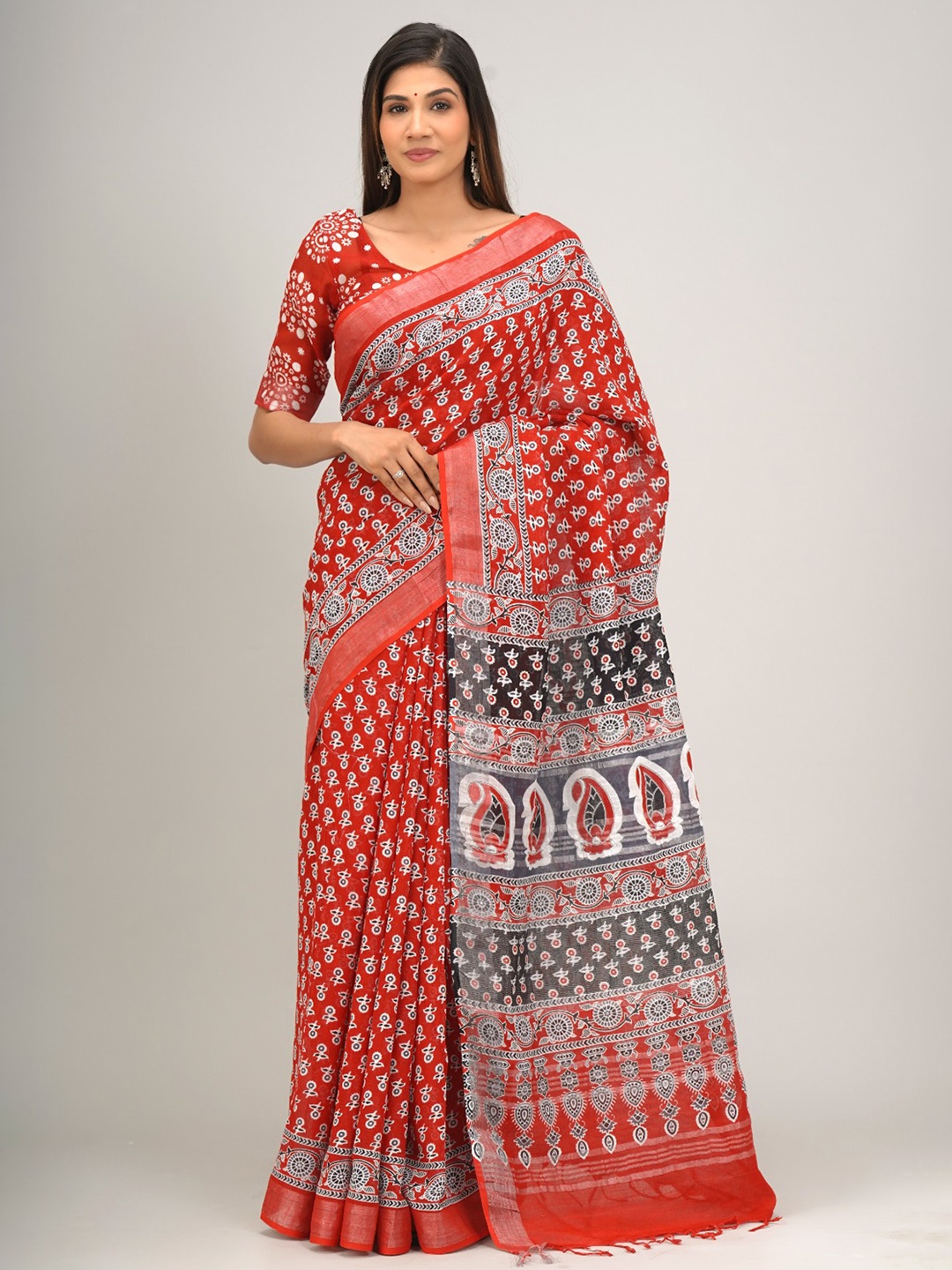 

JALTHER Ethnic Motifs Block Printed Zari Cotton Linen Saree, Red