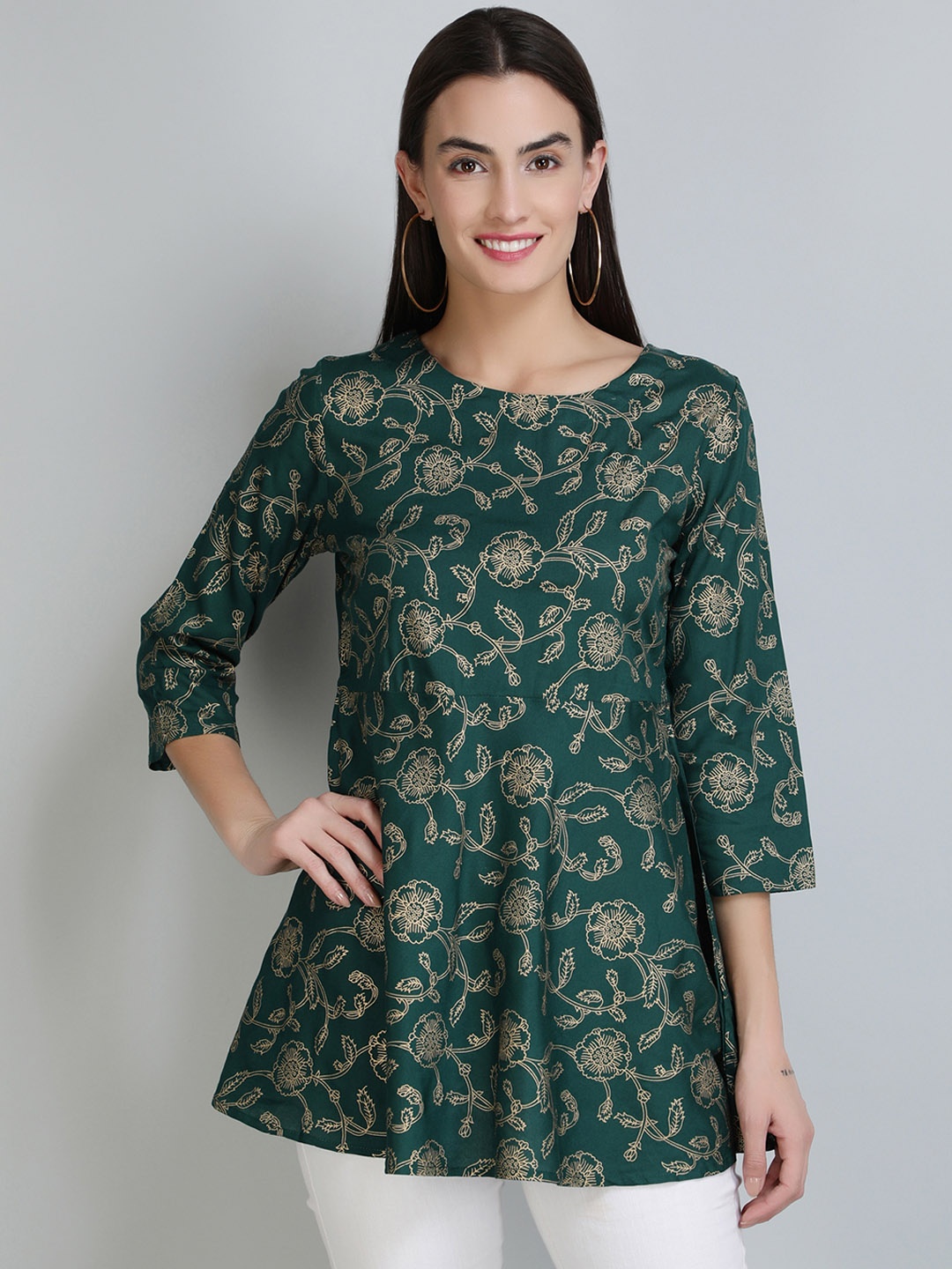

MALANDRO Floral Printed Longline A-Line Top, Green
