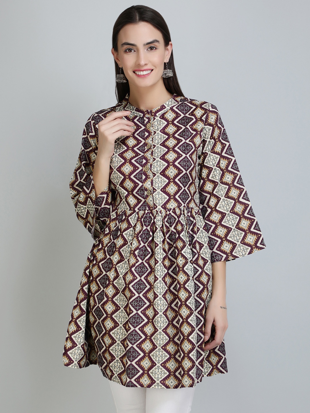 

MALANDRO Ethnic Motifs Printed Mandarin Collar A-Line Kurti, Maroon