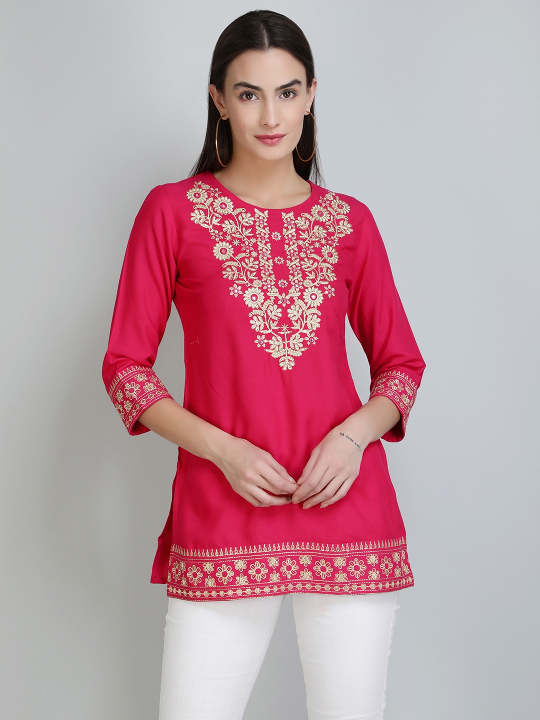 

MALANDRO Floral Embroidered Longline A-Line Top, Pink
