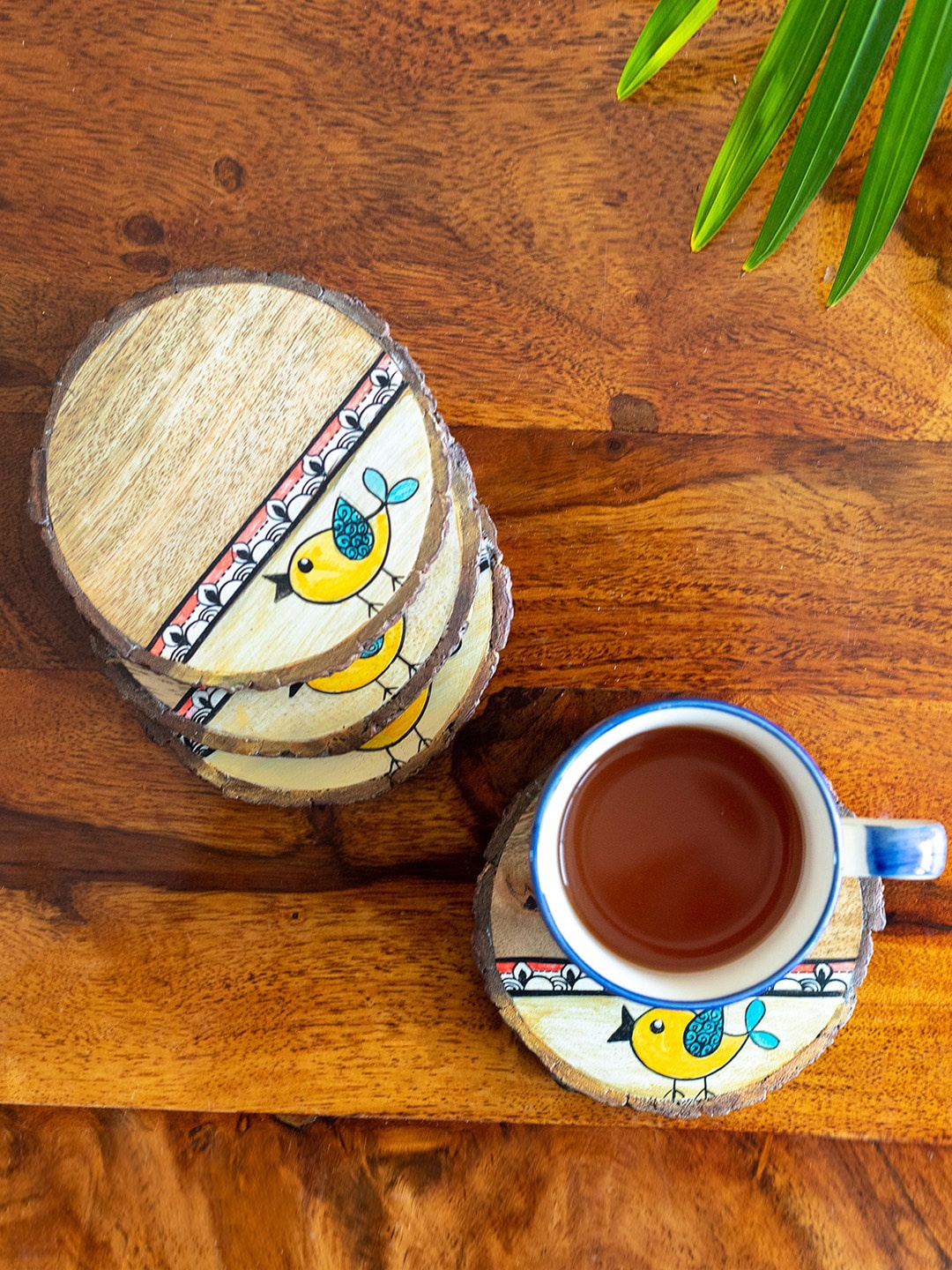 

ExclusiveLane 4 Pieces Camel Brown Wooden Round Coasters
