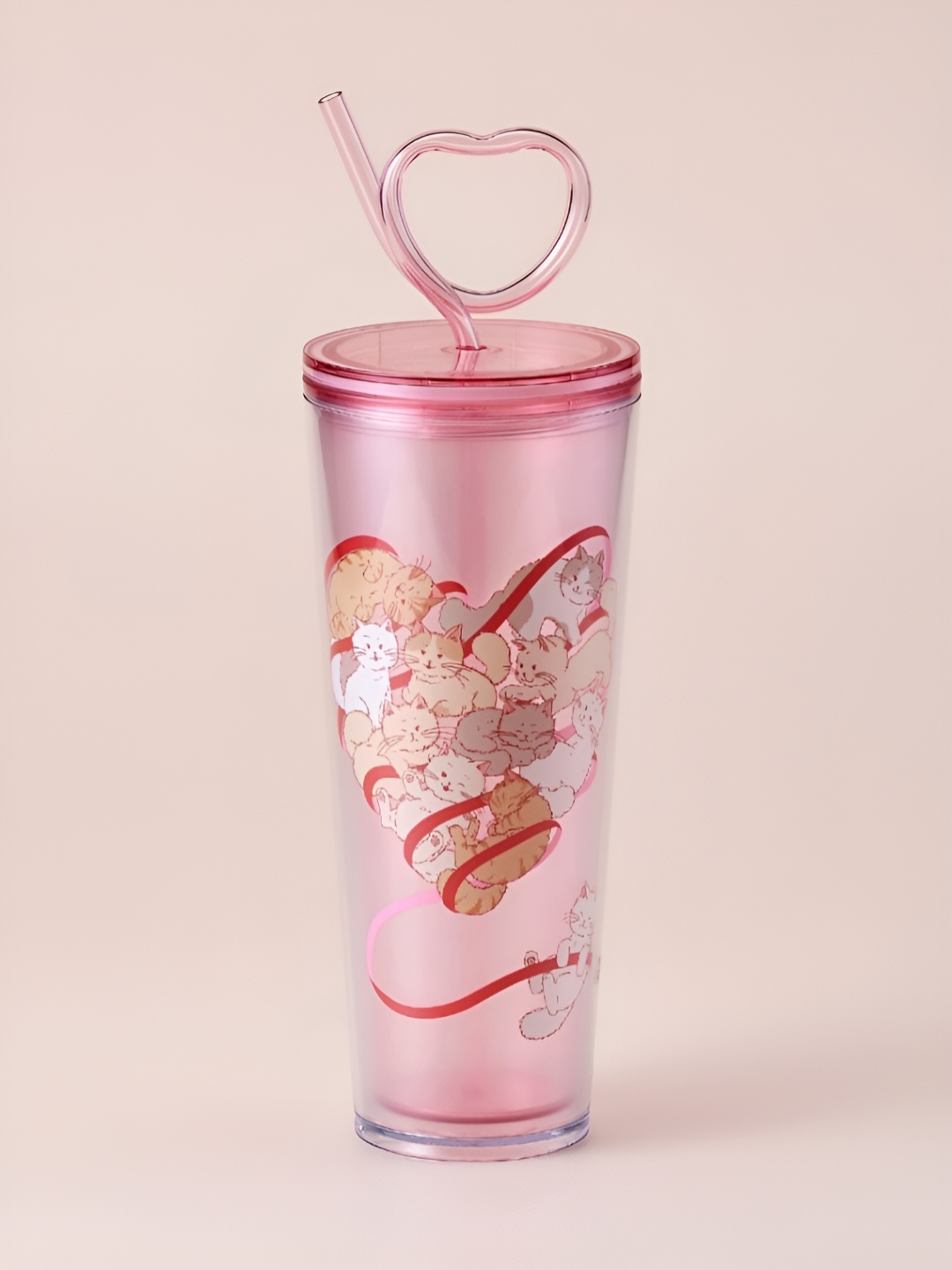 

Starbucks Transparent & Pink Cats Printed Tumbler With Heart Straw 710 ml