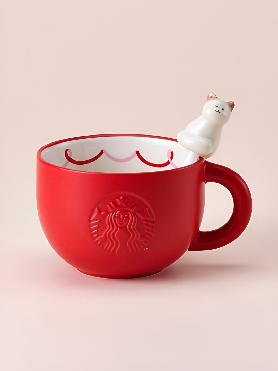 

Starbucks Red & White Textured Ceramic Matte Finished Cup With Spoon 355 ml