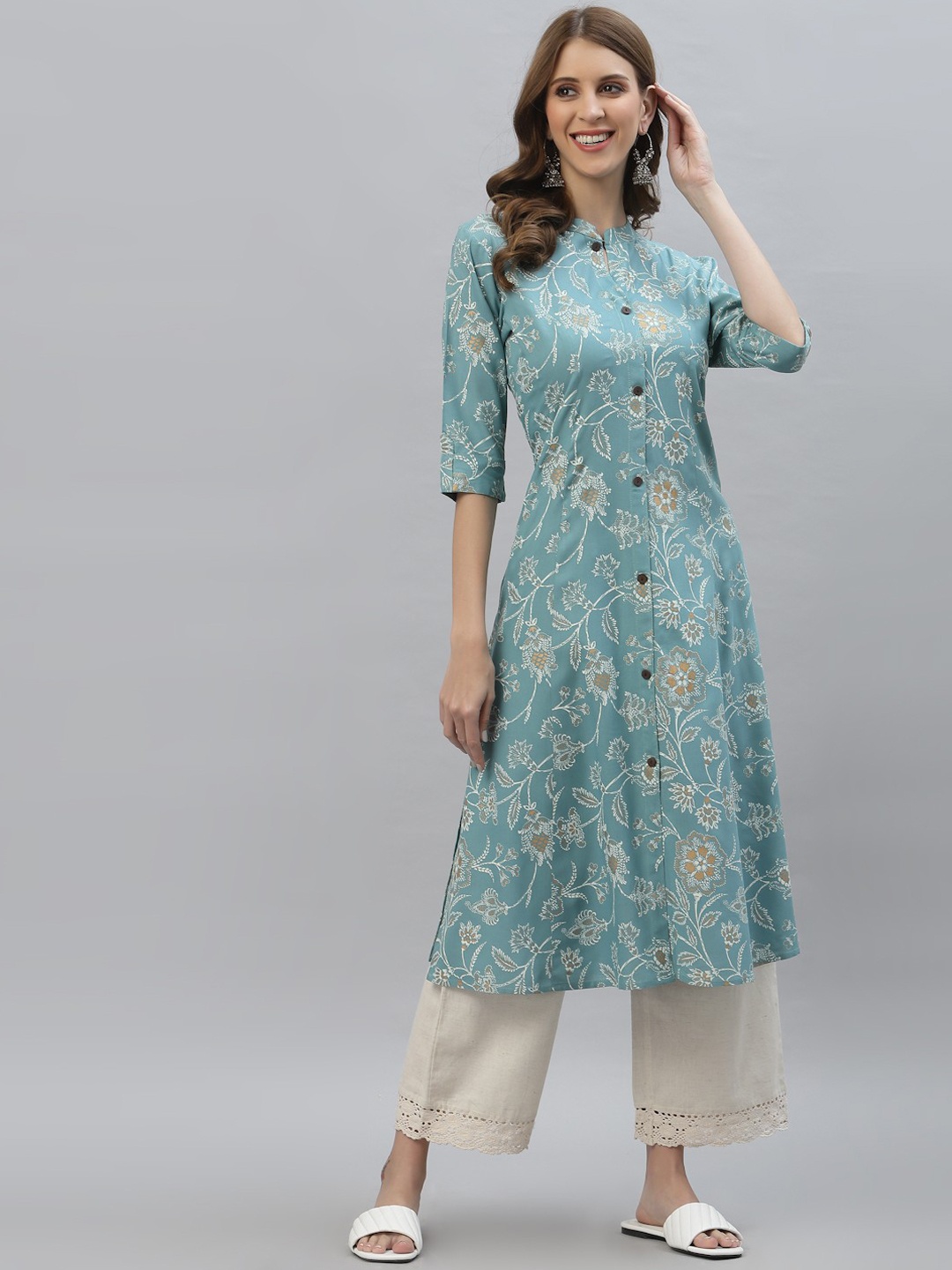 

MALANDRO Floral Printed Cotton Anarkali Kurta, Green