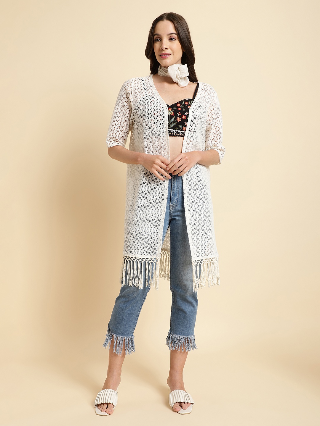 

UnaOne Self Design Longline Shrug, Off white
