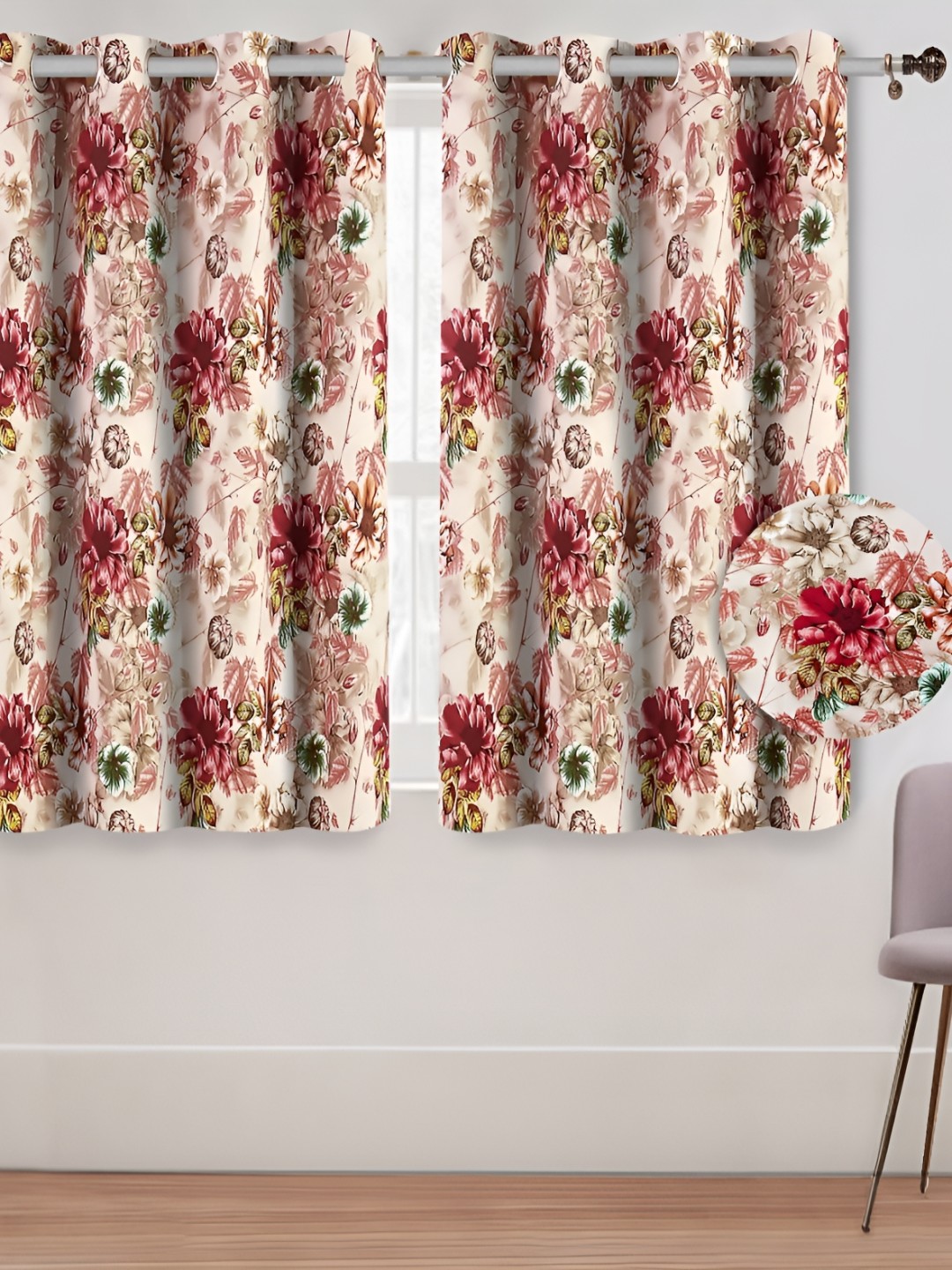 

Aura Red & Beige 2 Pieces Floral Printed Room Darkening Window Curtain