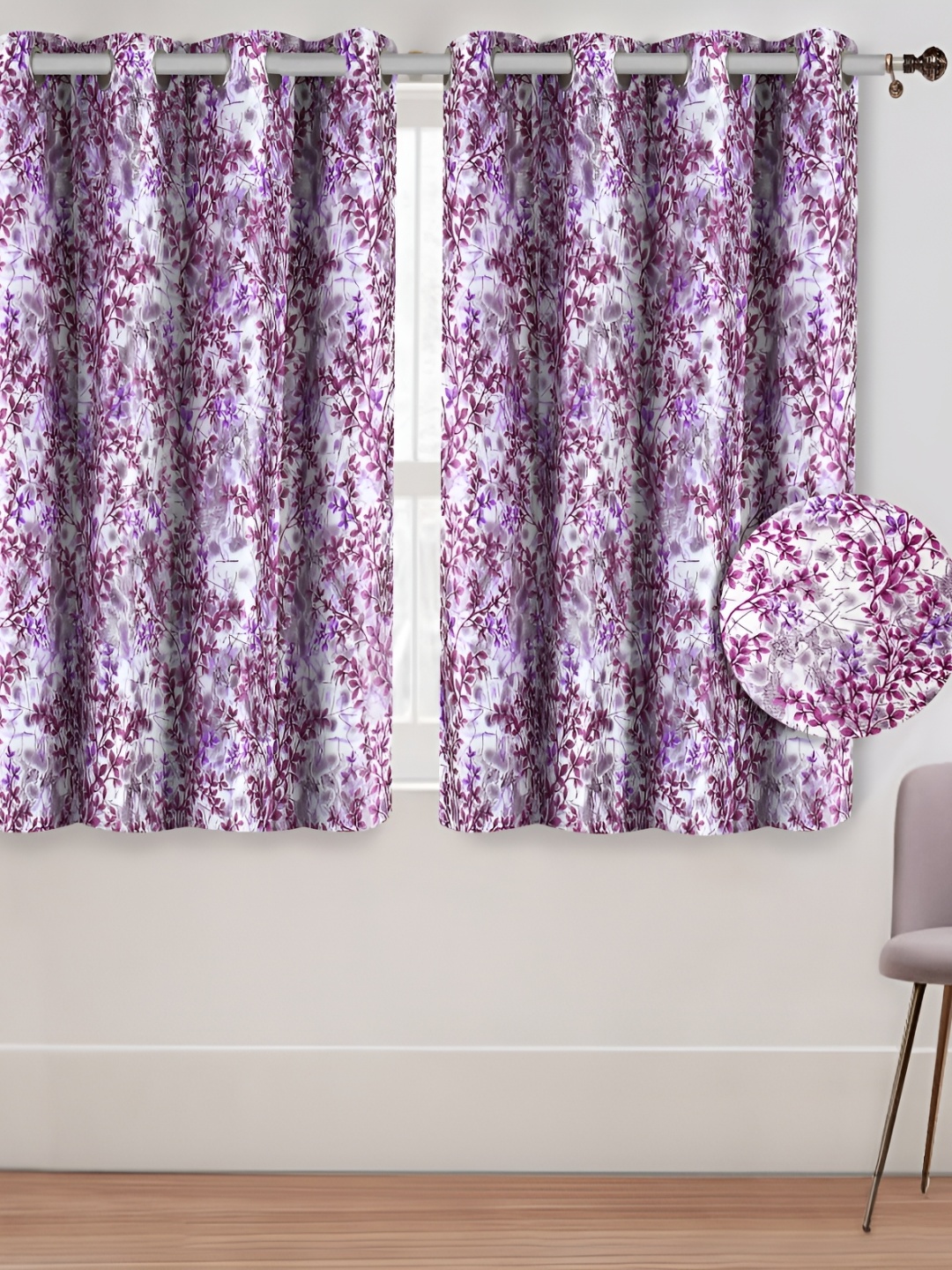 

Aura Purple & White 2 Pieces Floral Printed Window Curtains