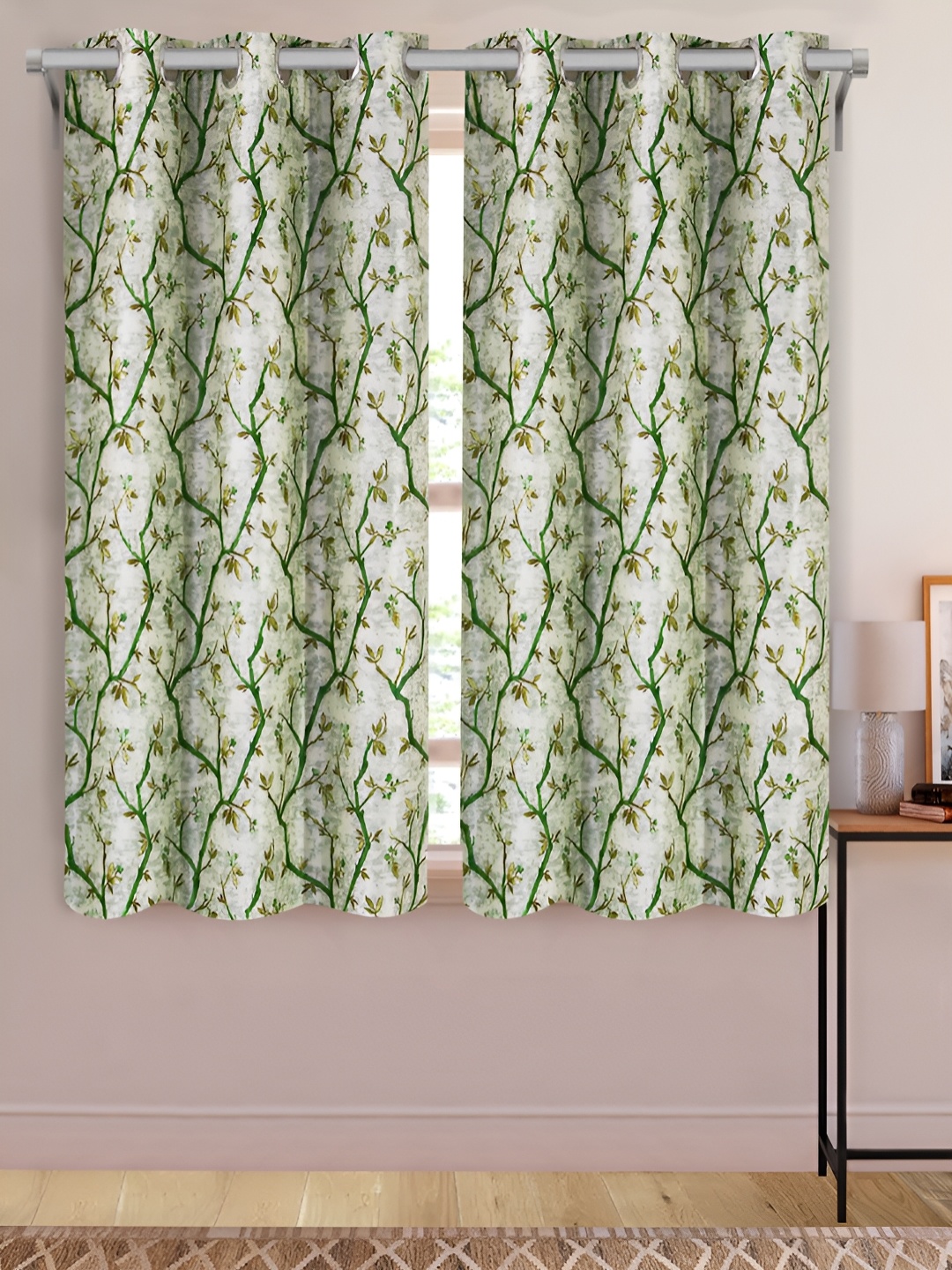 

Aura Green and White 2 Pieces Floral Printed Room Darkening Long Crushed Window Curtains