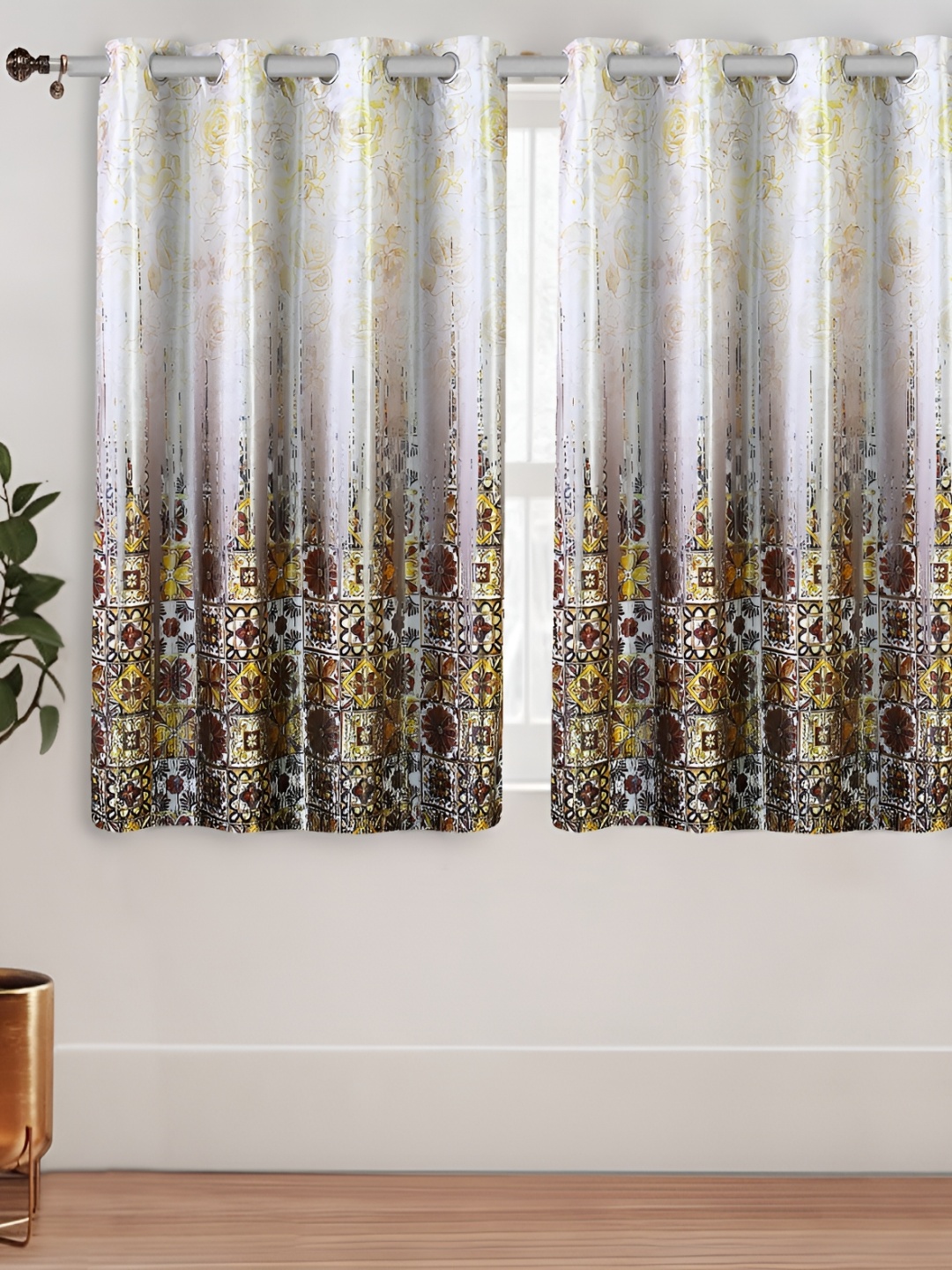 

Aura Brown & Yellow 2 Pieces Floral Printed Window Curtains