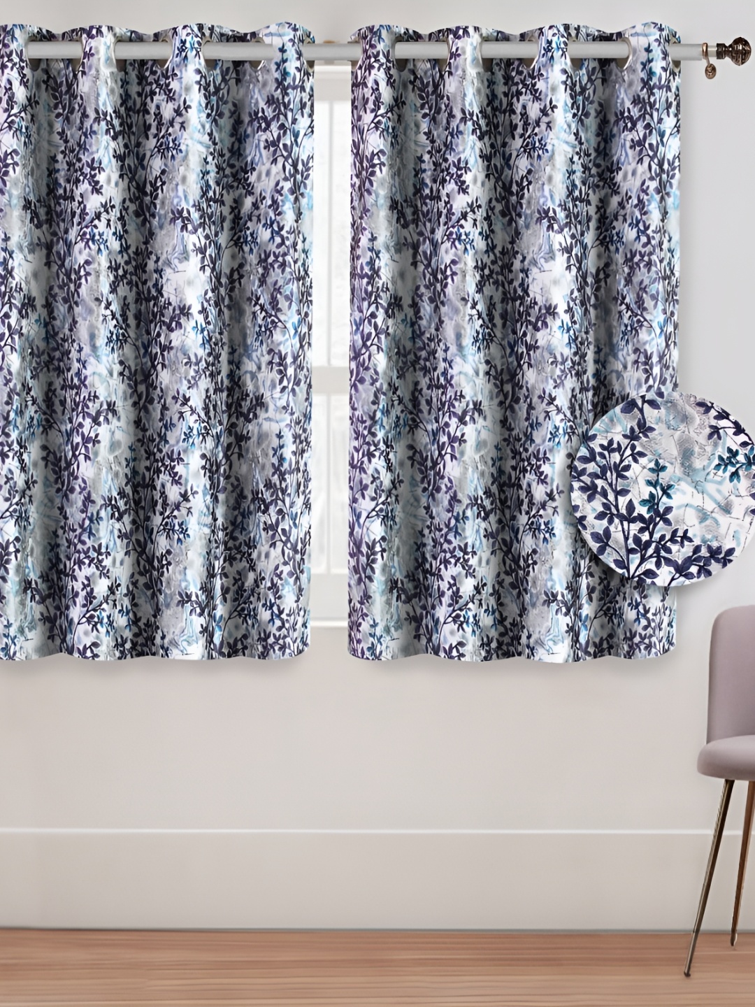 

Aura Grey & Blue 2 Pieces Floral Printed Window Curtains