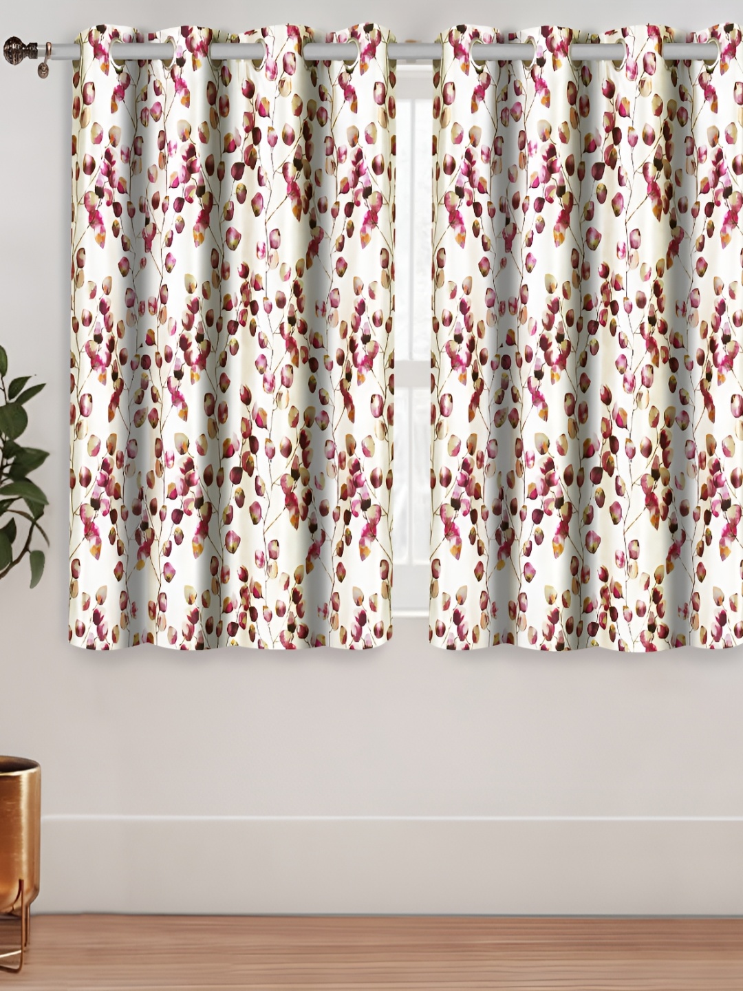 

Aura Maroon & White 2 Pieces Floral Printed Room Darkening Window Curtains