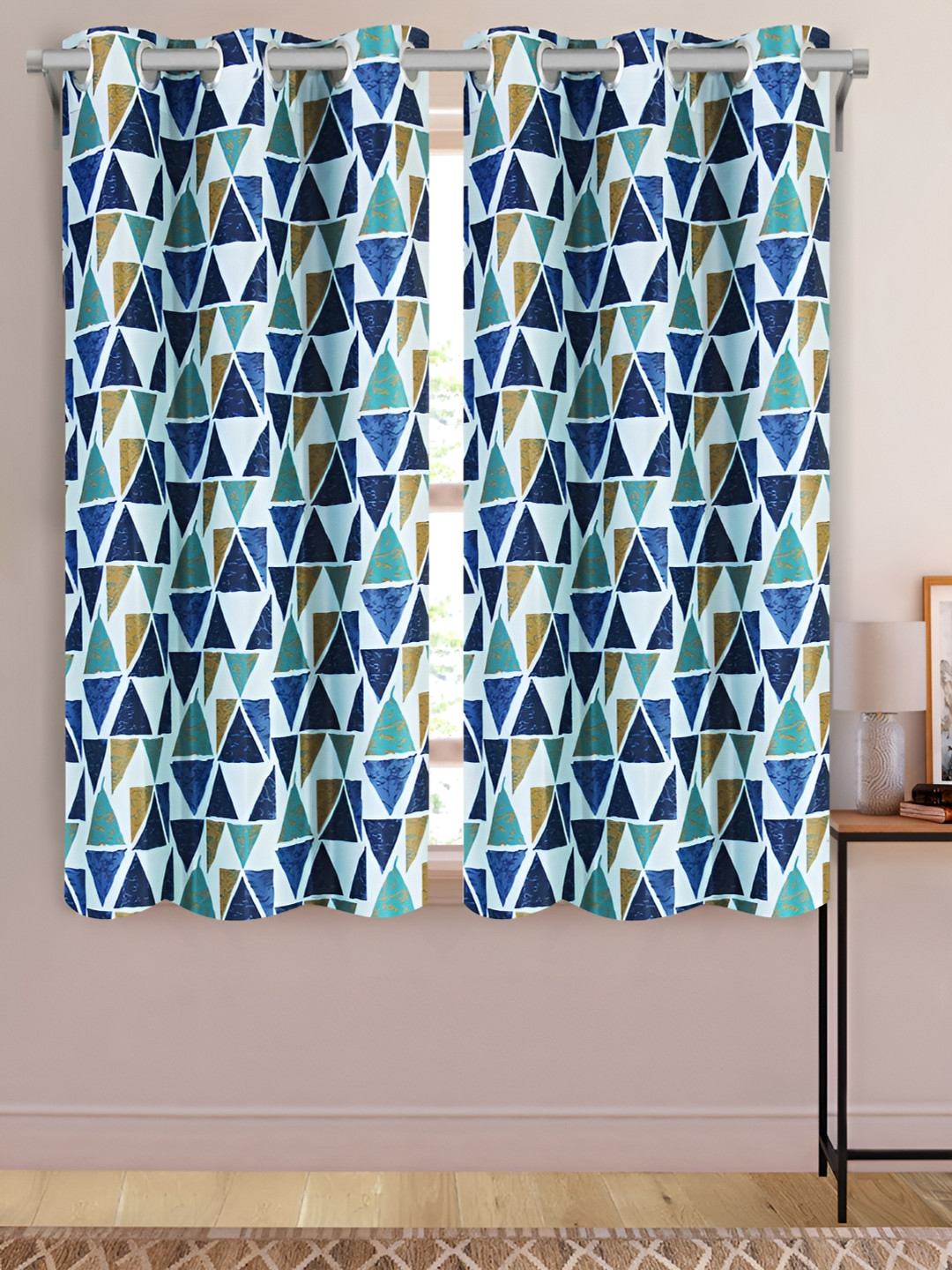 

Aura White & Blue 2 Pieces Geometric Printed Window Curtains