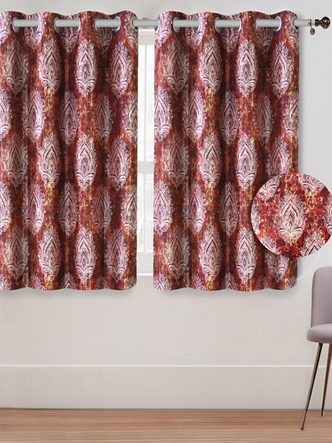 

Aura Red & White 2 Pieces Floral Printed Room Darkening Window Curtains