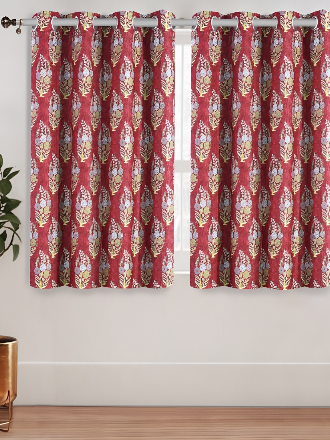 

Aura Maroon & White 2 Pieces Floral Printed Window Curtains